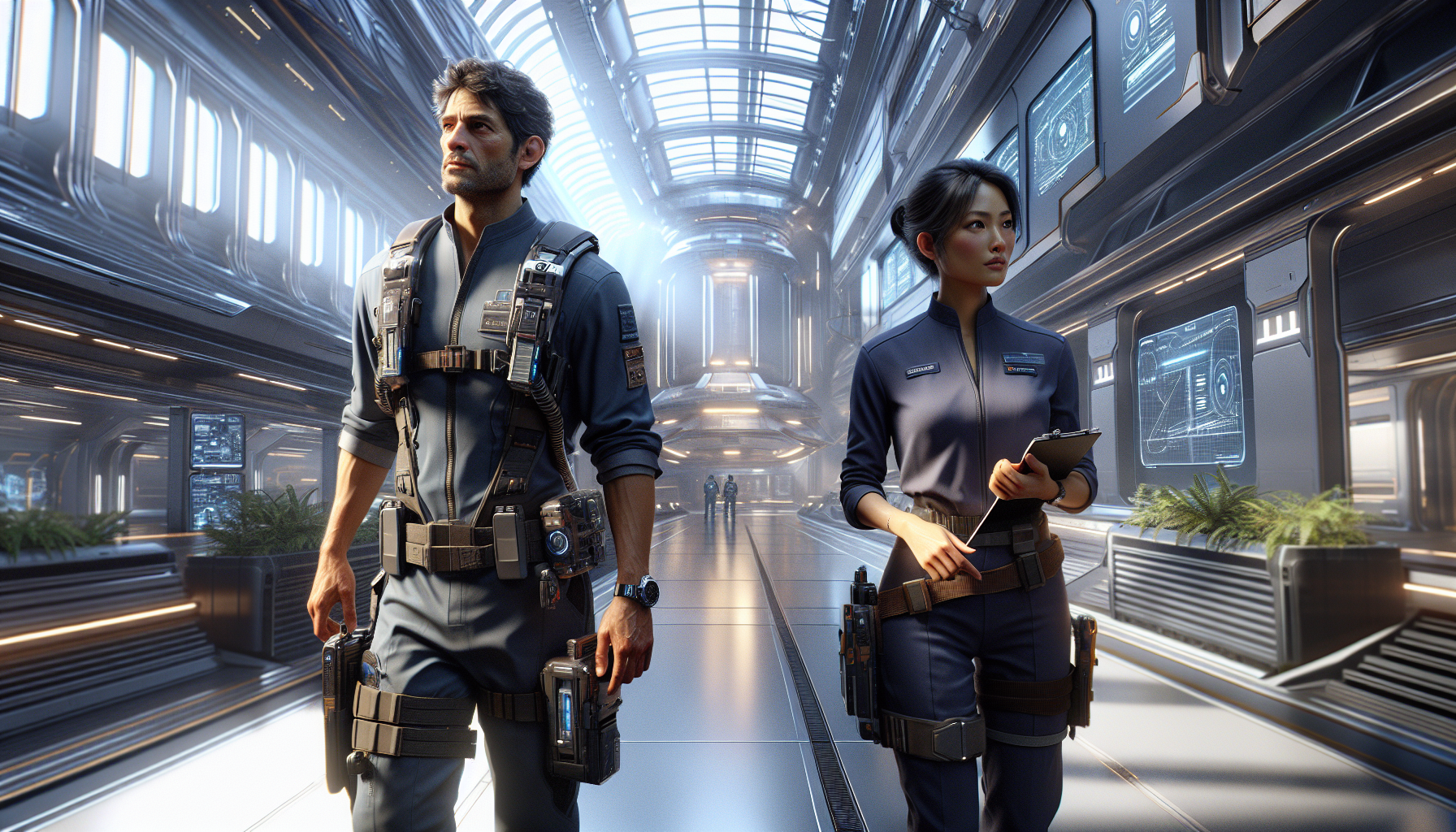 Leo and Mara walk through the bustling spaceport, discussing their work.