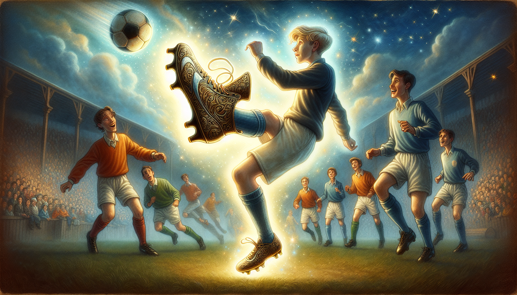 Jamie awkwardly kicking a soccer ball with teammates in the background.