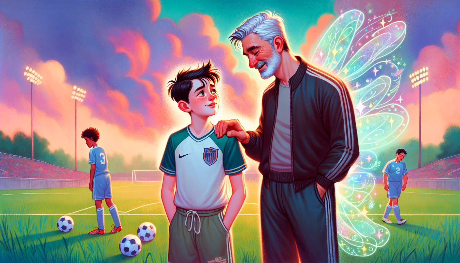 Coach Thompson talks to Jamie, placing a hand on his shoulder, at the soccer field's edge.