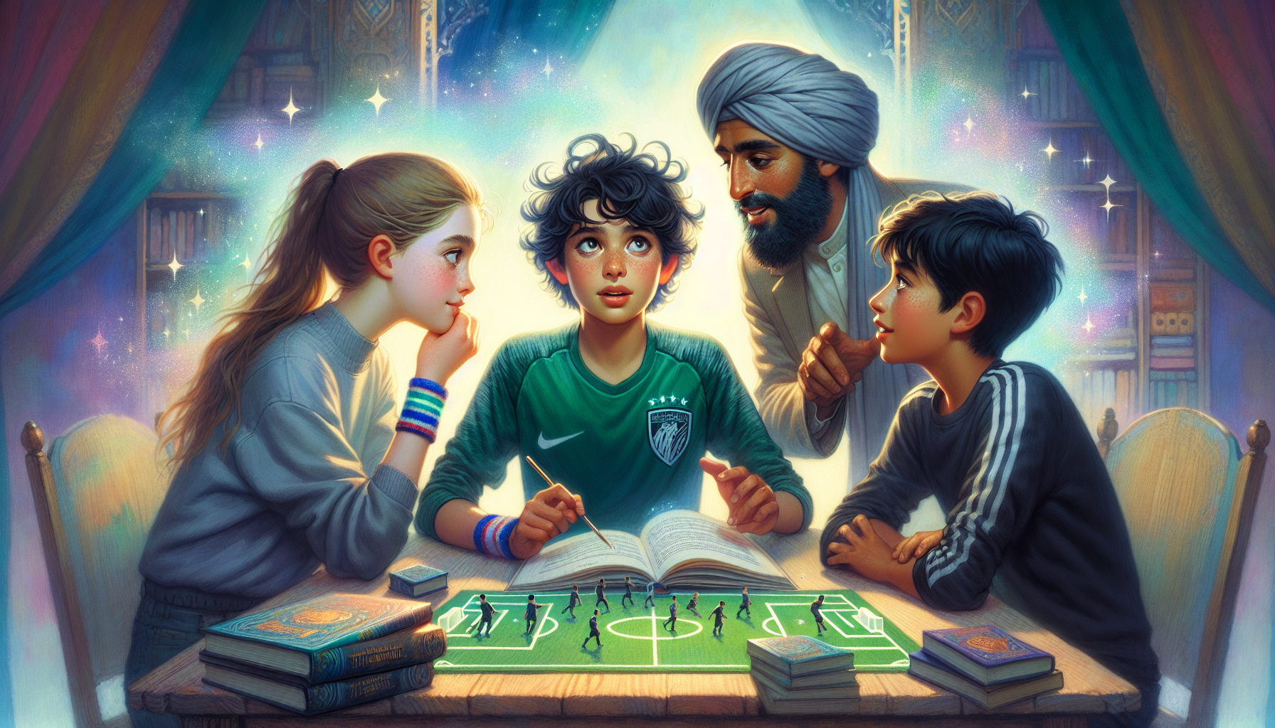 Jamie, Mia, and Ezekiel discussing soccer tactics at a table.