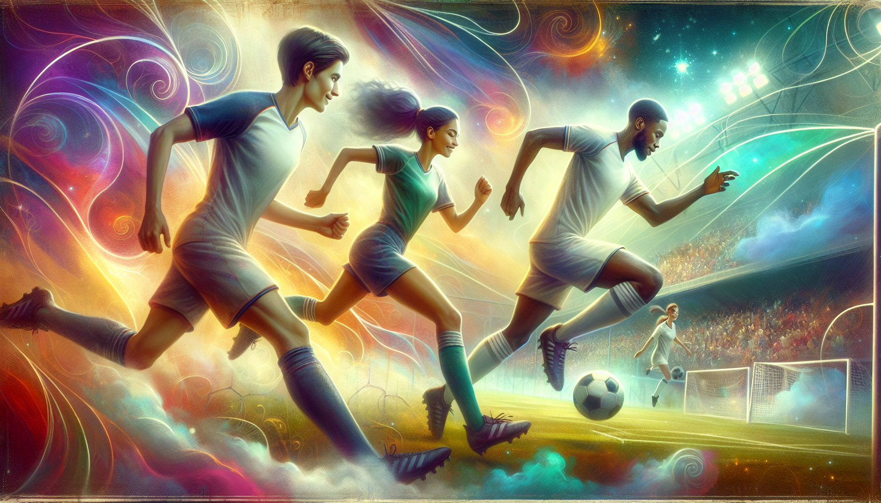 Jamie, Mia, and Ezekiel practicing a soccer maneuver on the field in perfect sync.