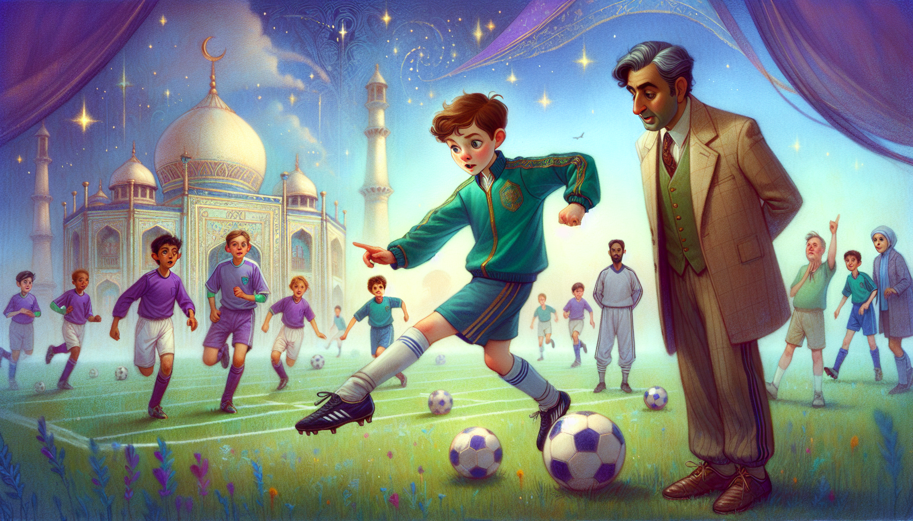 Jamie leading a soccer play with the team and Coach Thompson watching from the sidelines.