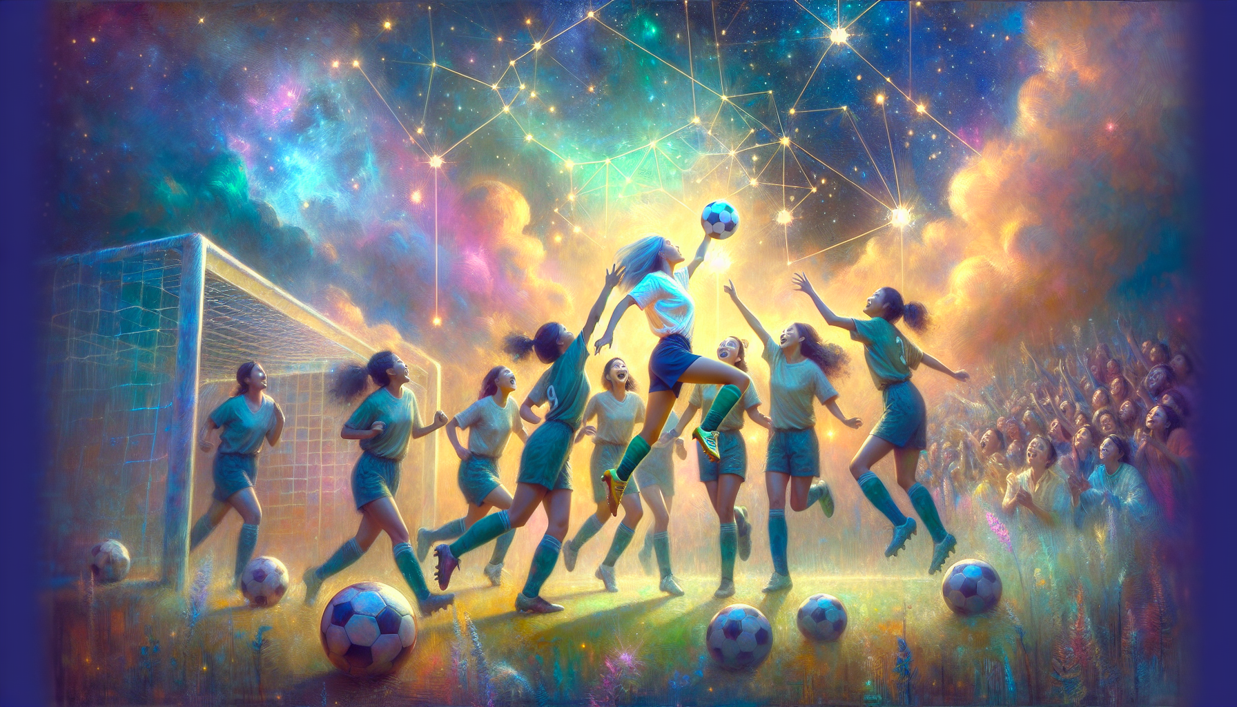 Soccer team in a jubilant hug with Jamie holding the ball, under a starlit sky.