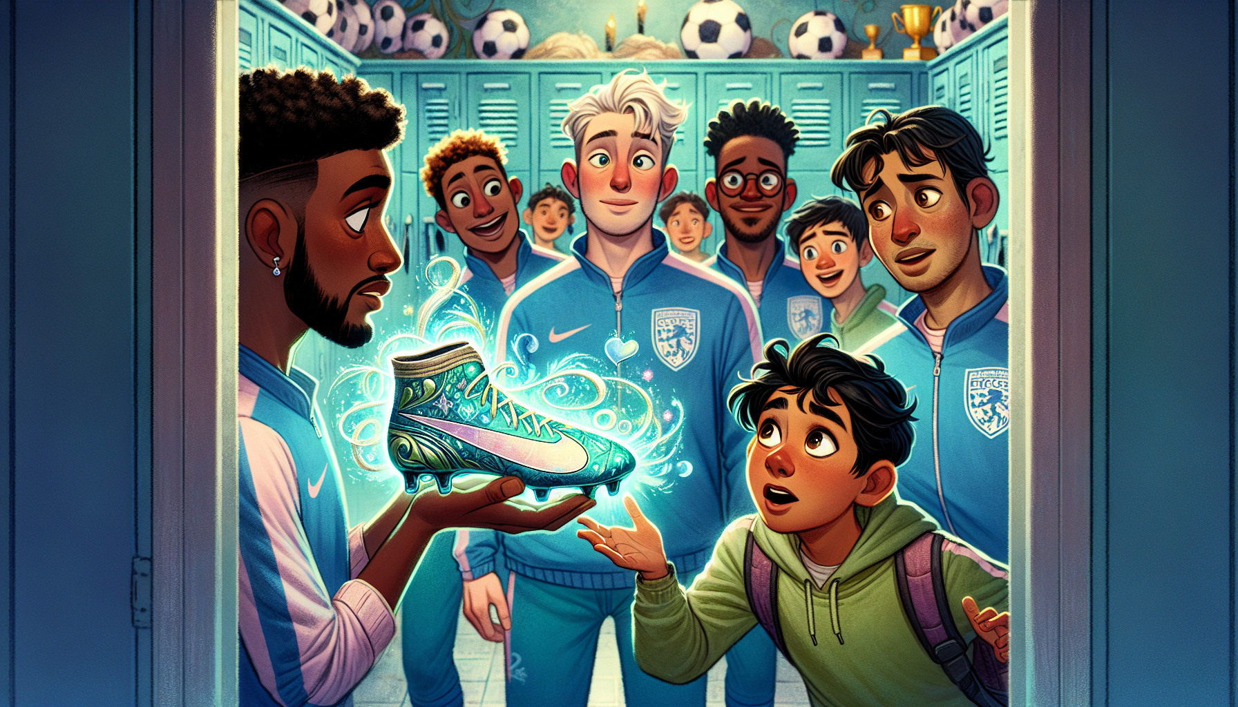 Jamie presenting ancient cleats to Coach Thompson in the locker room, surrounded by the team.