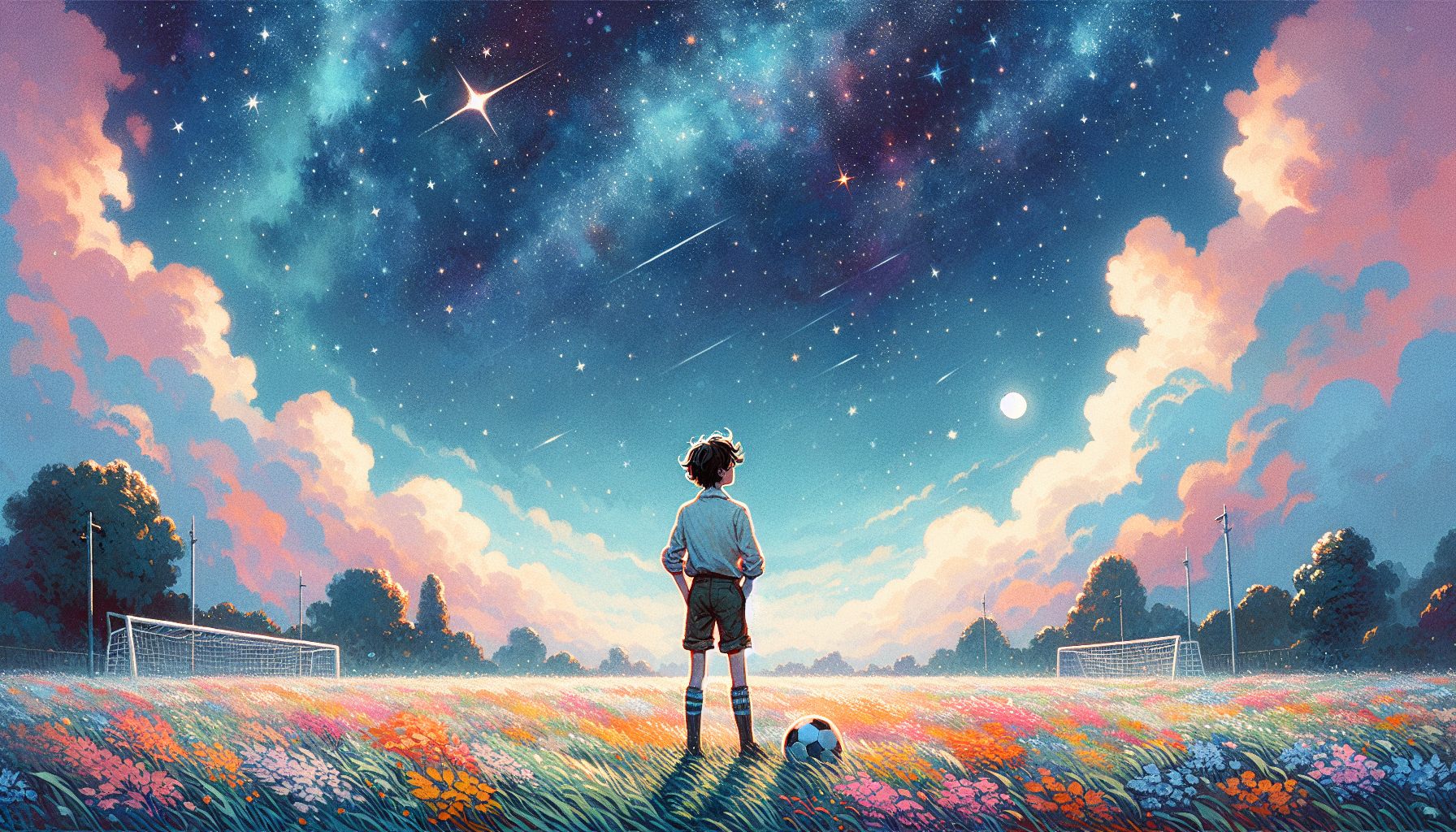 Jamie standing alone under a vast starry sky, reflecting.