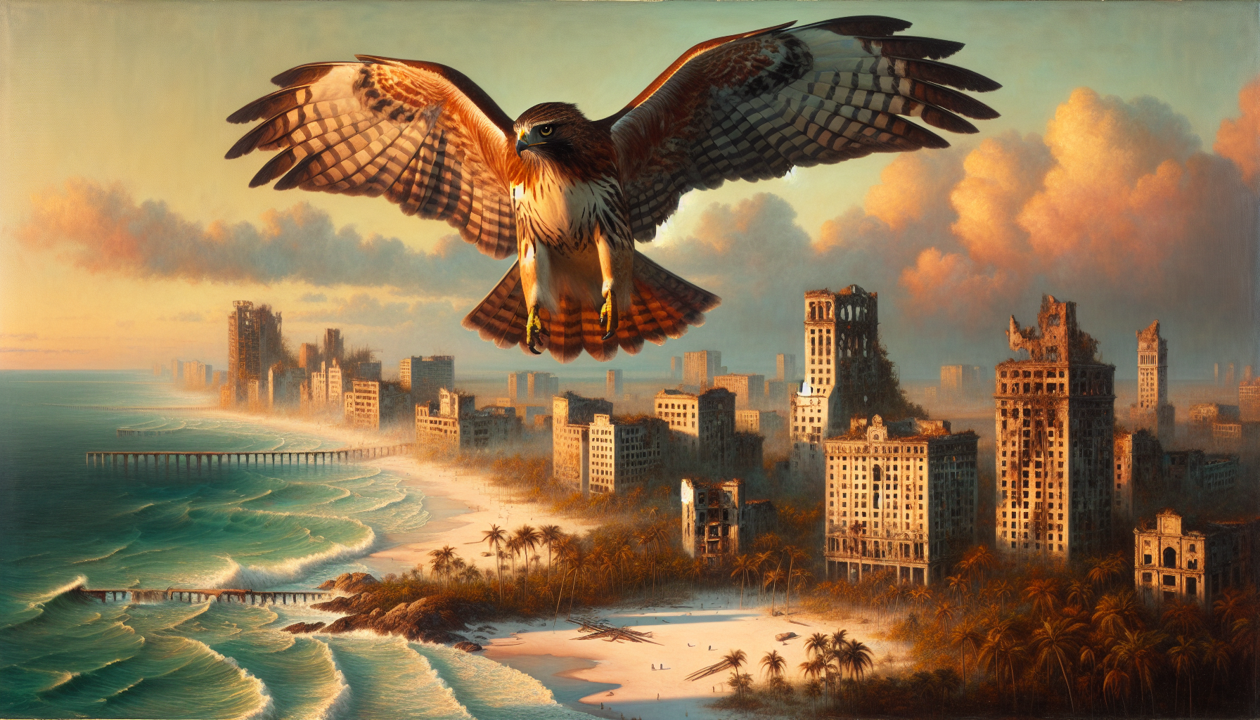 Victor and Caballito fly above the coastal resort city at sunset.