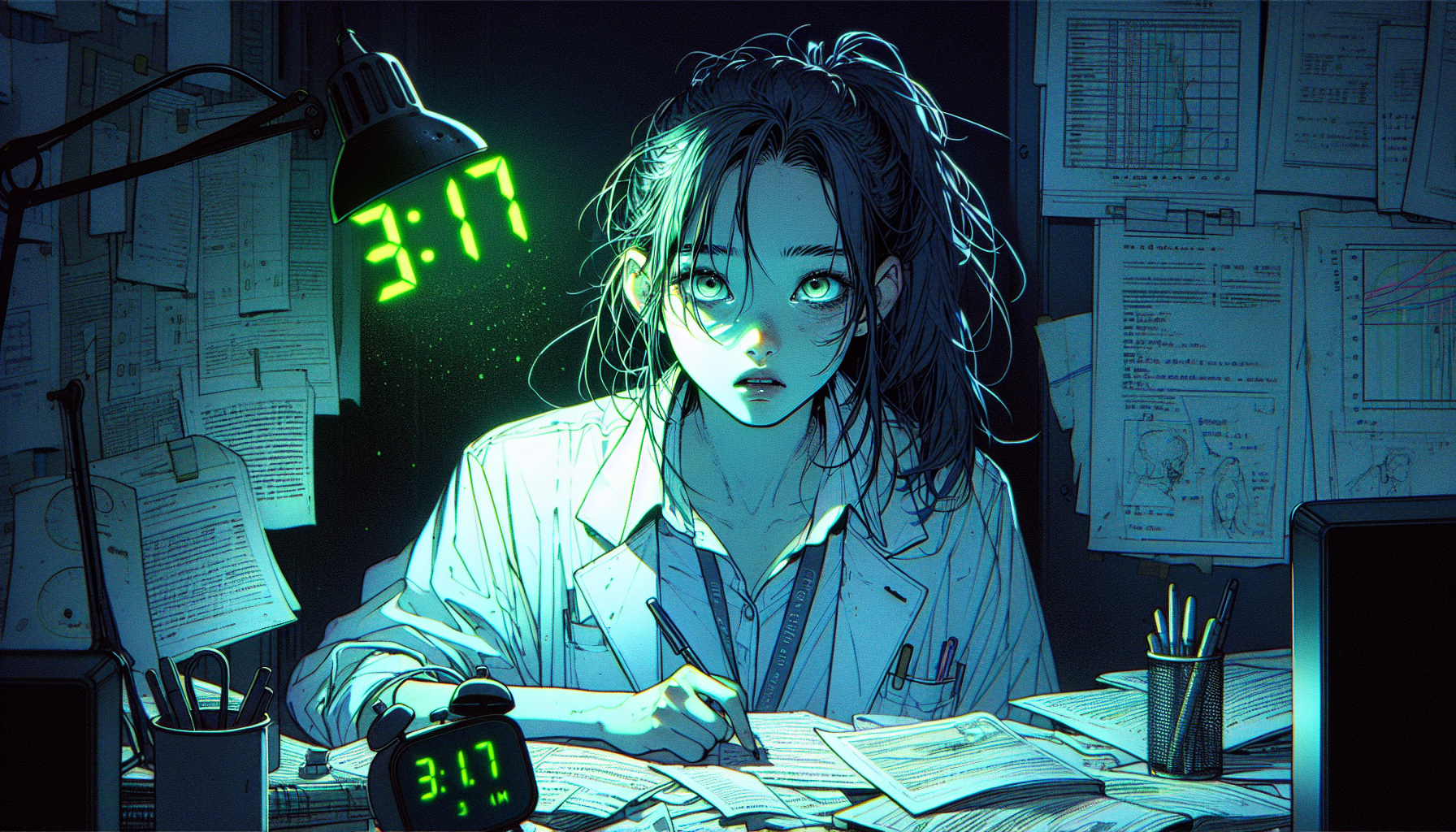 Aria Chen sits on her bed, looking disheveled with papers scattered around her.