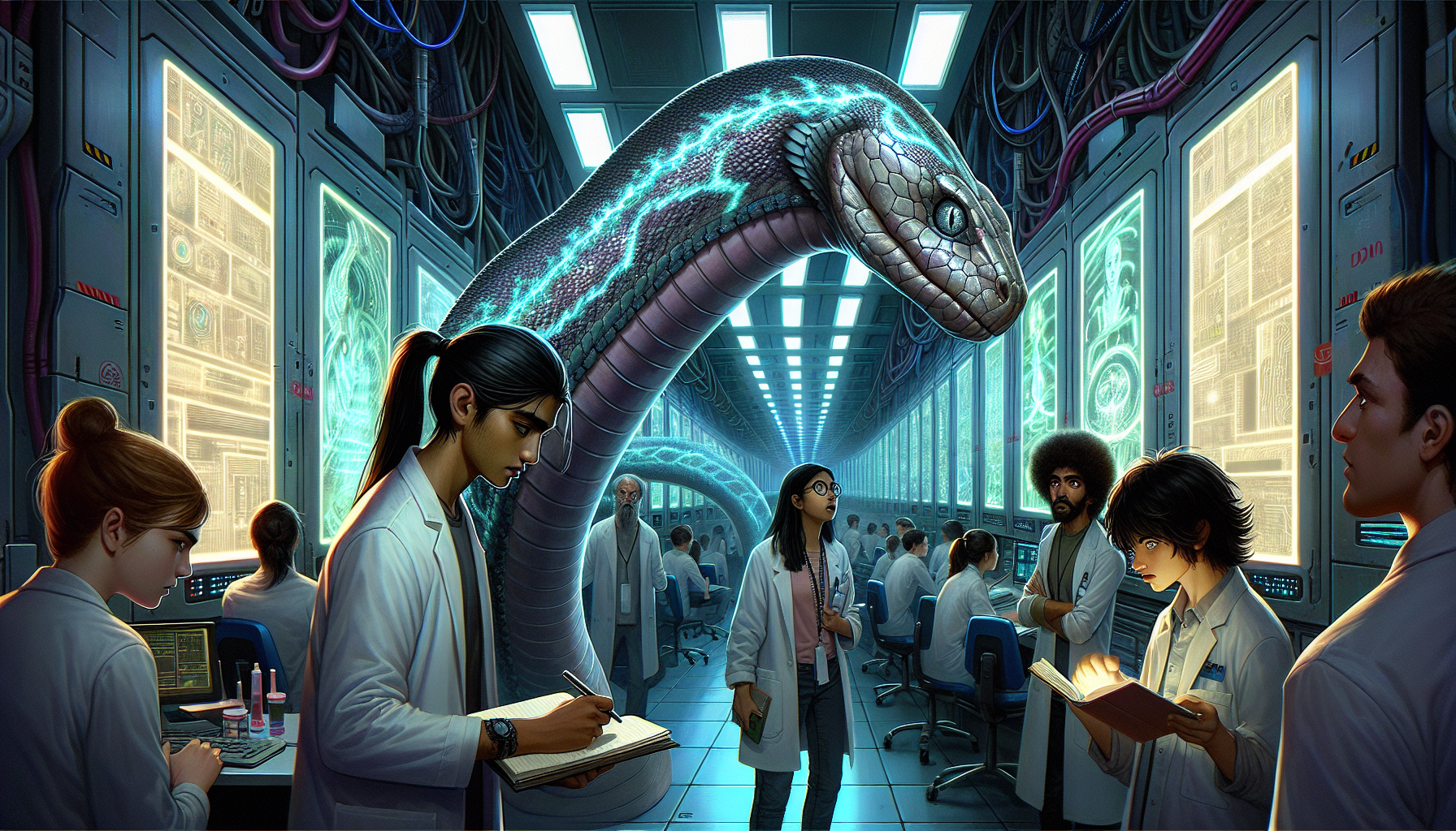 Lumina and other Kaiju in the academy's main hall observed by students.