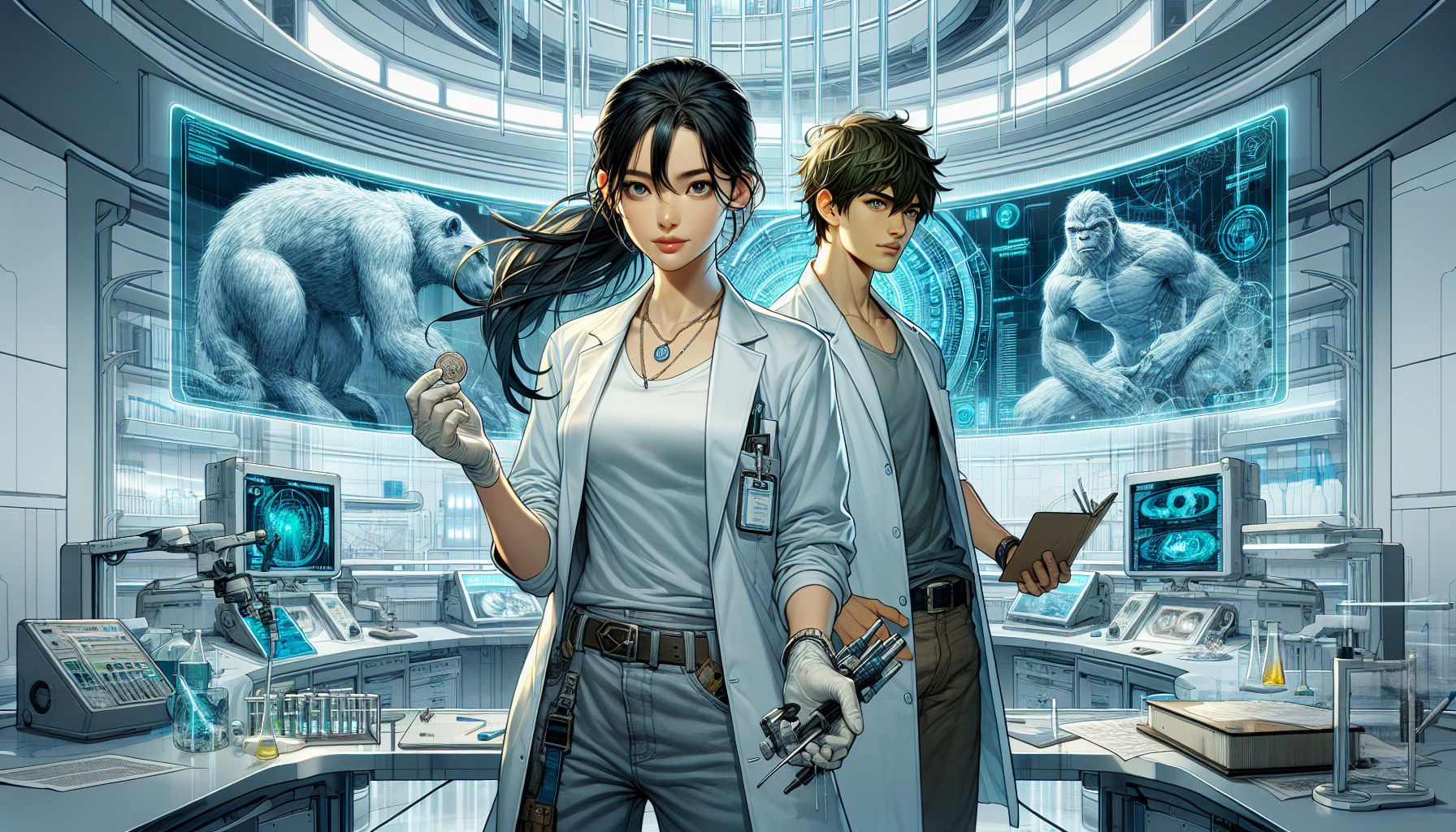 Aria and Zeke work together in a high-tech lab analyzing Kaiju structures.