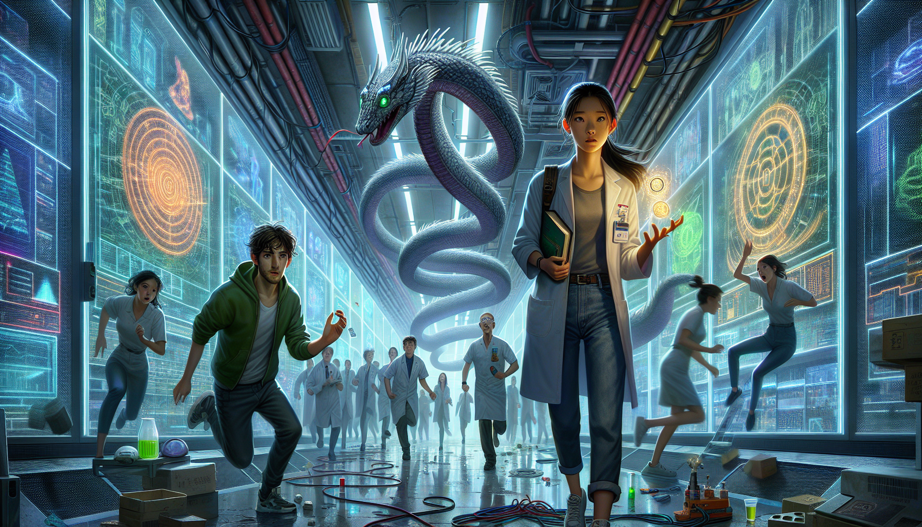 Aria and Zeke run through the academy's chaotic corridors with a distressed Kaiju.