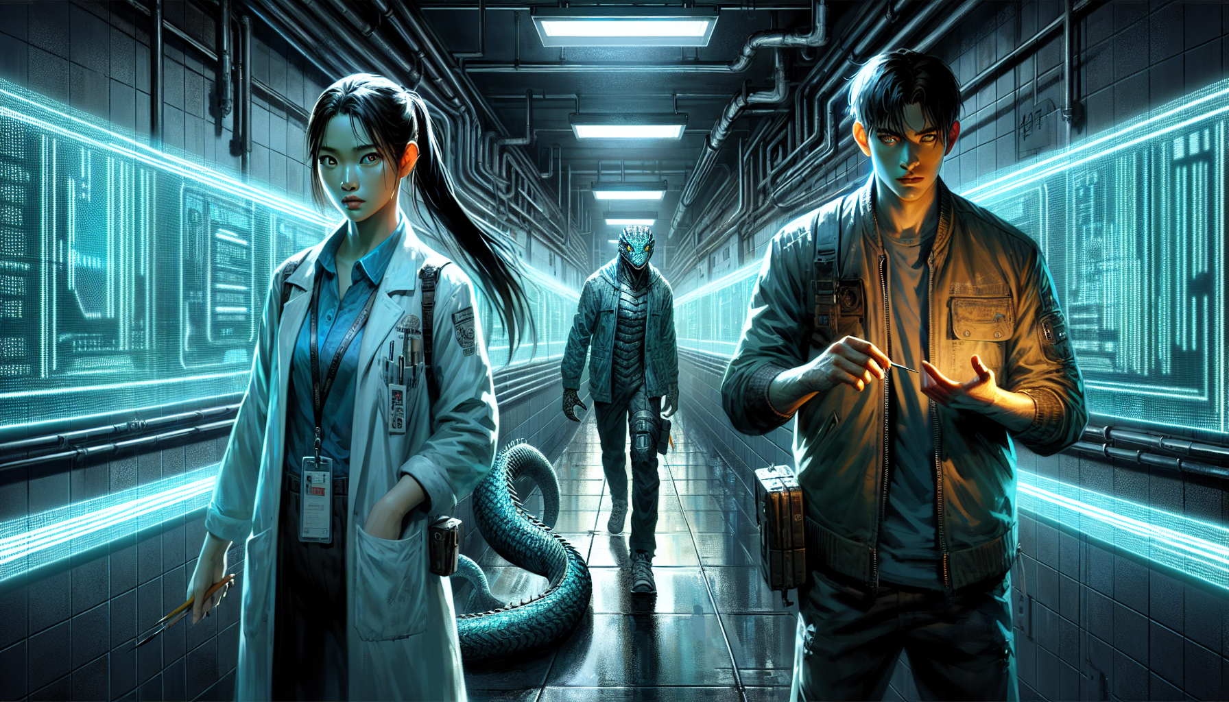 Aria, Zeke, and Lumina sneak through the academy's hallways under dim light.