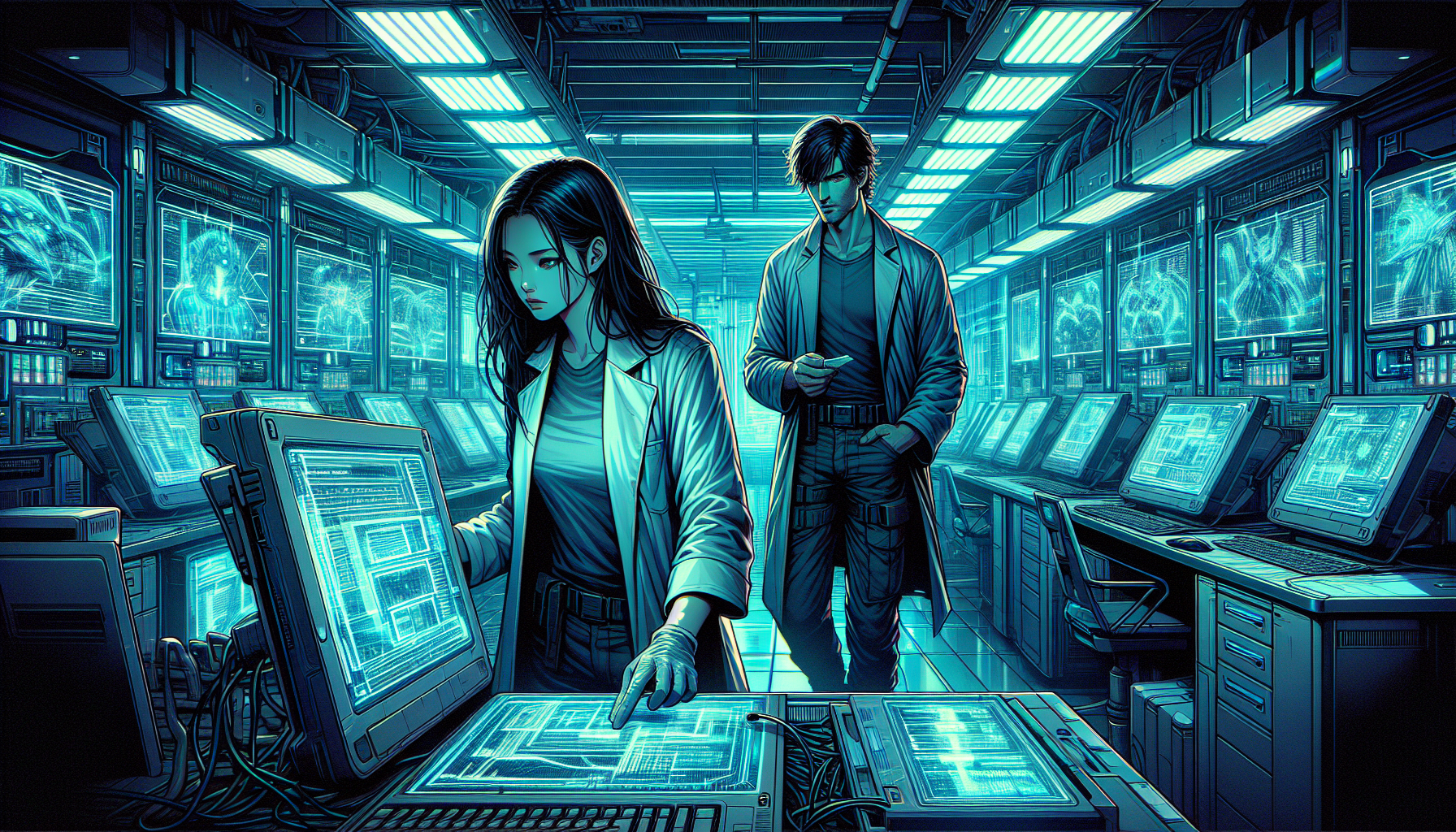 Aria decrypts files about Operation Titan's Echo while Zeke paces nearby.