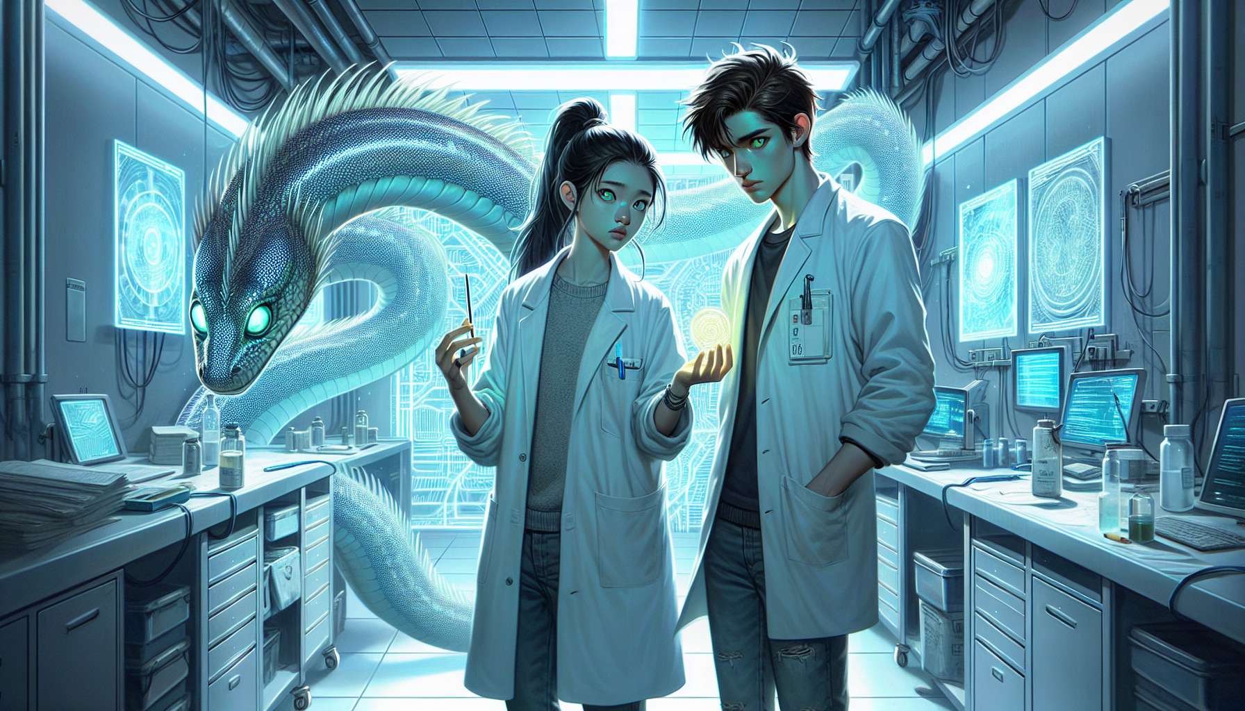 Aria, Zeke, and Lumina download vital information in a lab as footsteps approach.