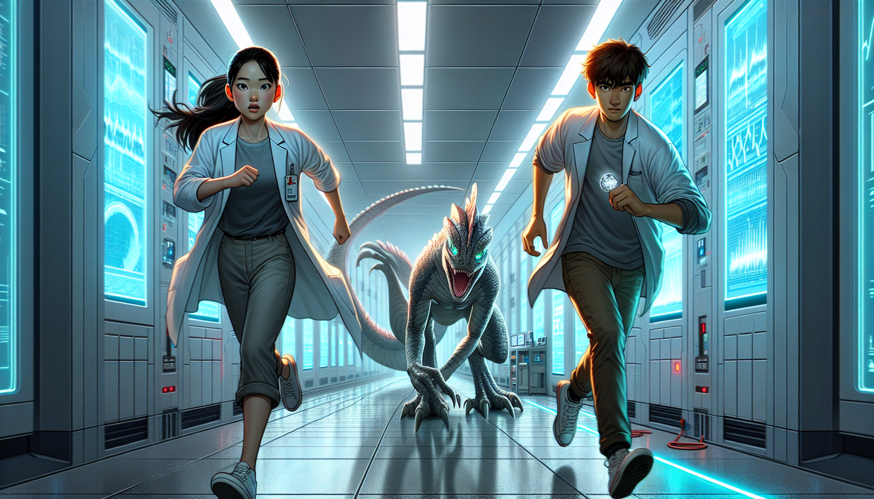 Aria, Zeke, and Lumina race through academy corridors towards the broadcast center.