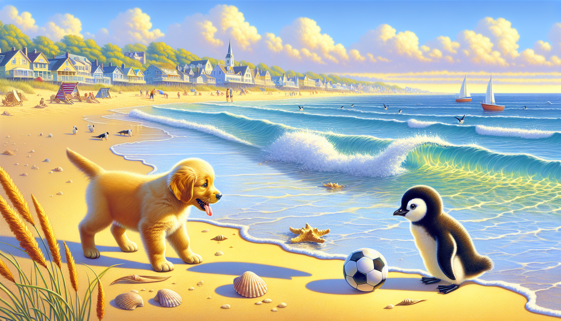 Goldie the golden retriever meets Pippin the penguin near the water's edge.