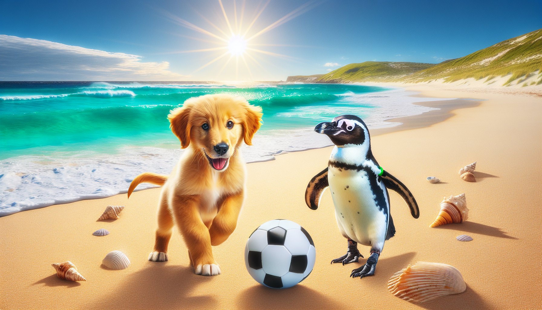 Goldie and Pippin play soccer as the sun sets, painting the sky with colors.