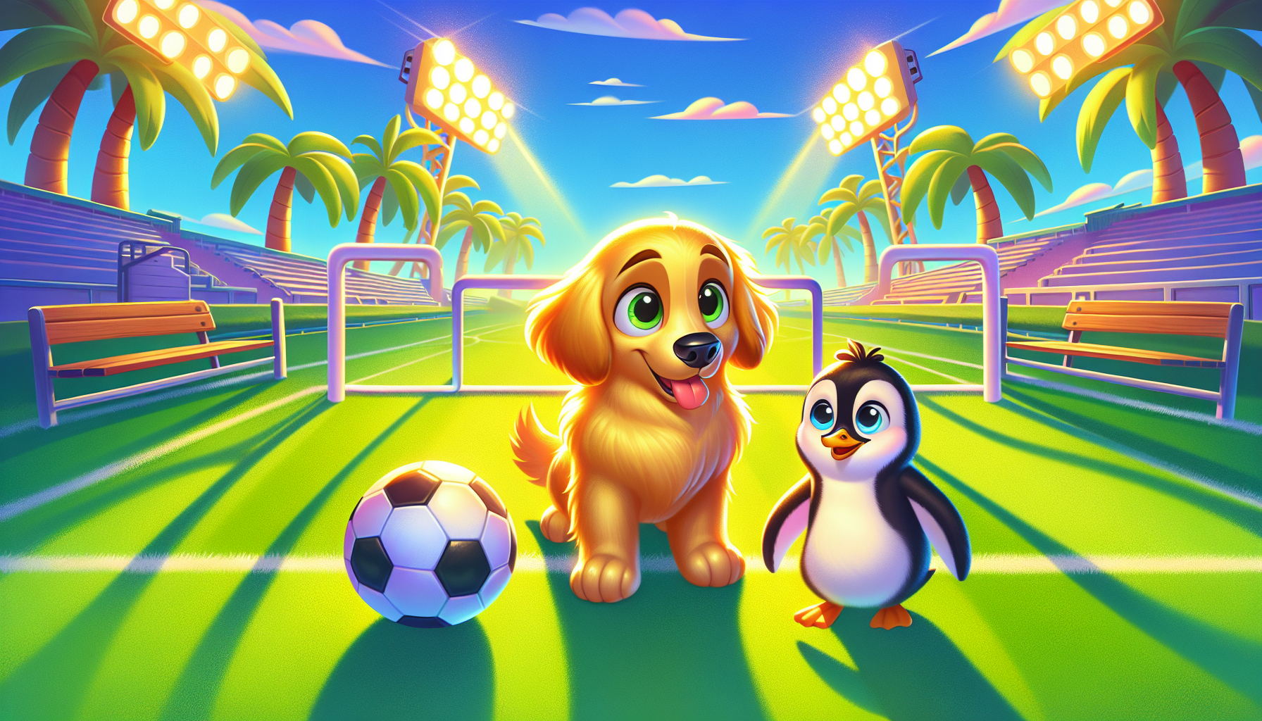 Goldie and Pippin approach the soccer practice field under a bright sun.