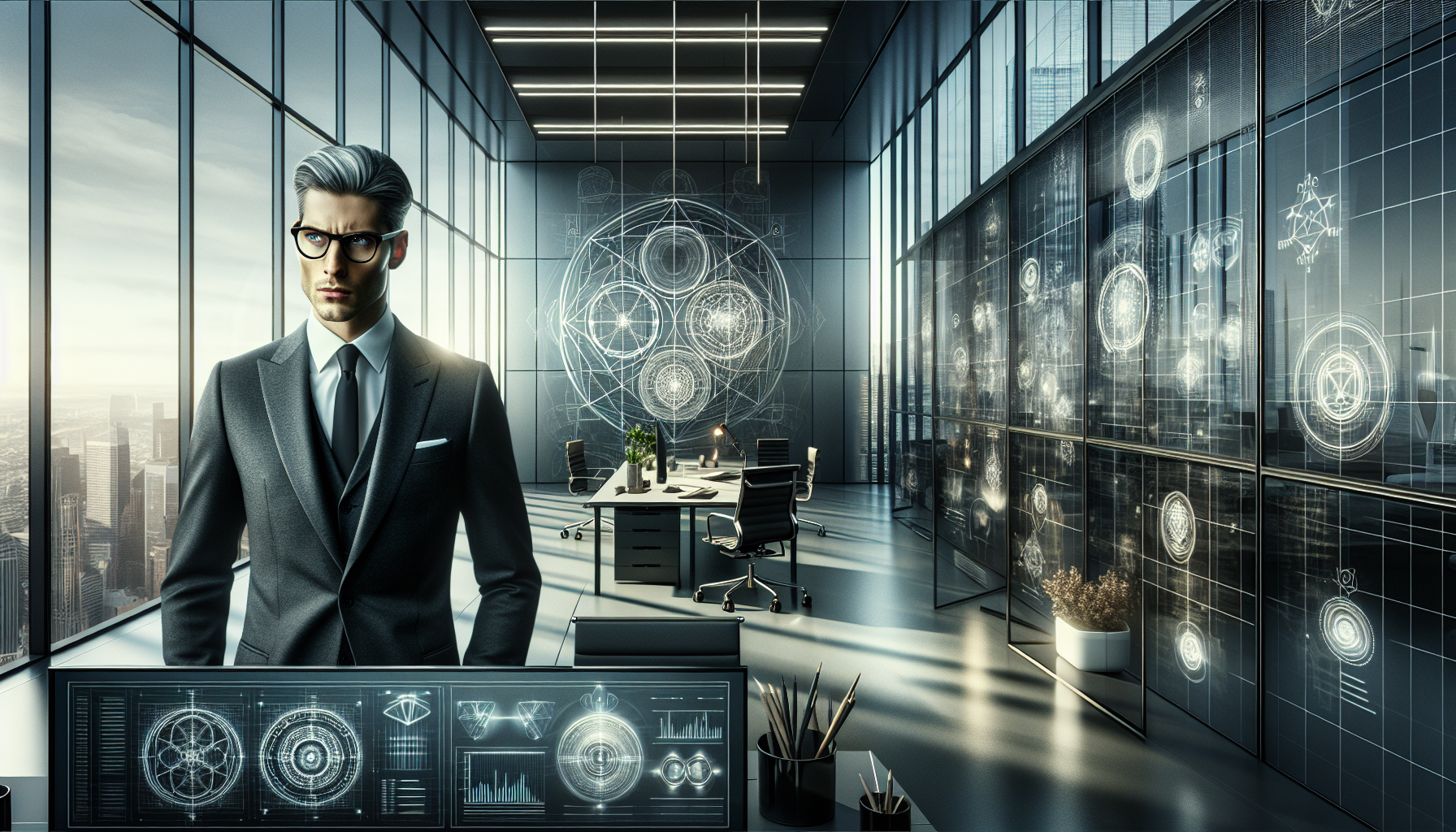 In Marcus's office, Sarah shares alarming AI data, unaware of magical enhancements.