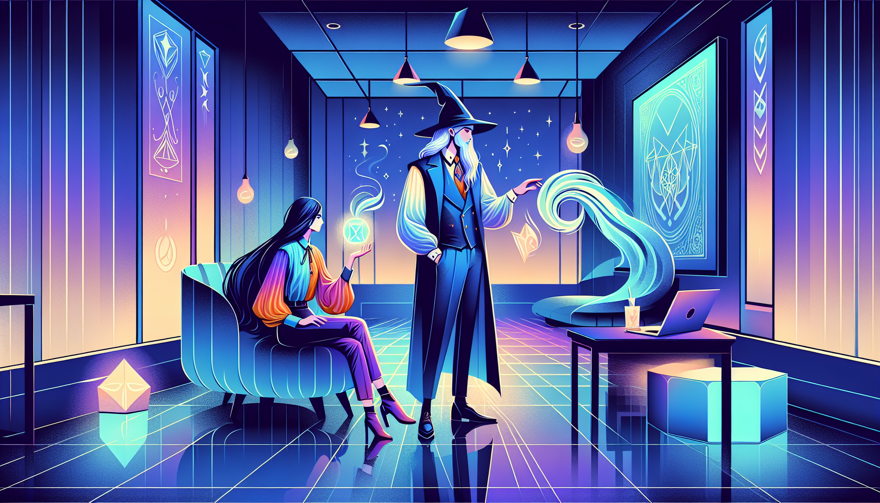 Maya and Marcus in a subtly enchanted break room planning their strategy.