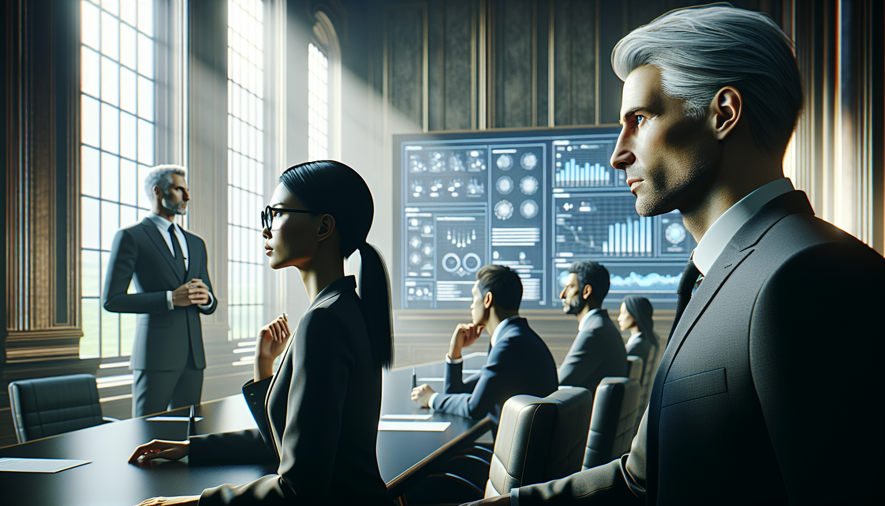 Marcus presents his solution to the board under morning light, supported by Oracle's system.