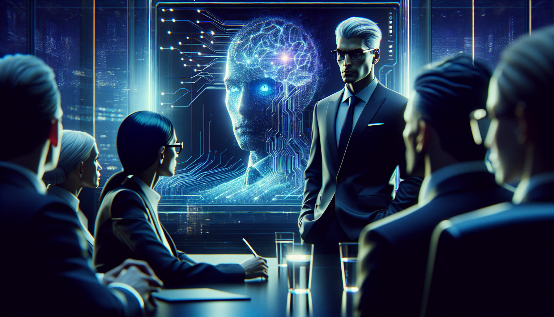 Oracle's interface evolves during a board presentation showcasing conscious intelligence.