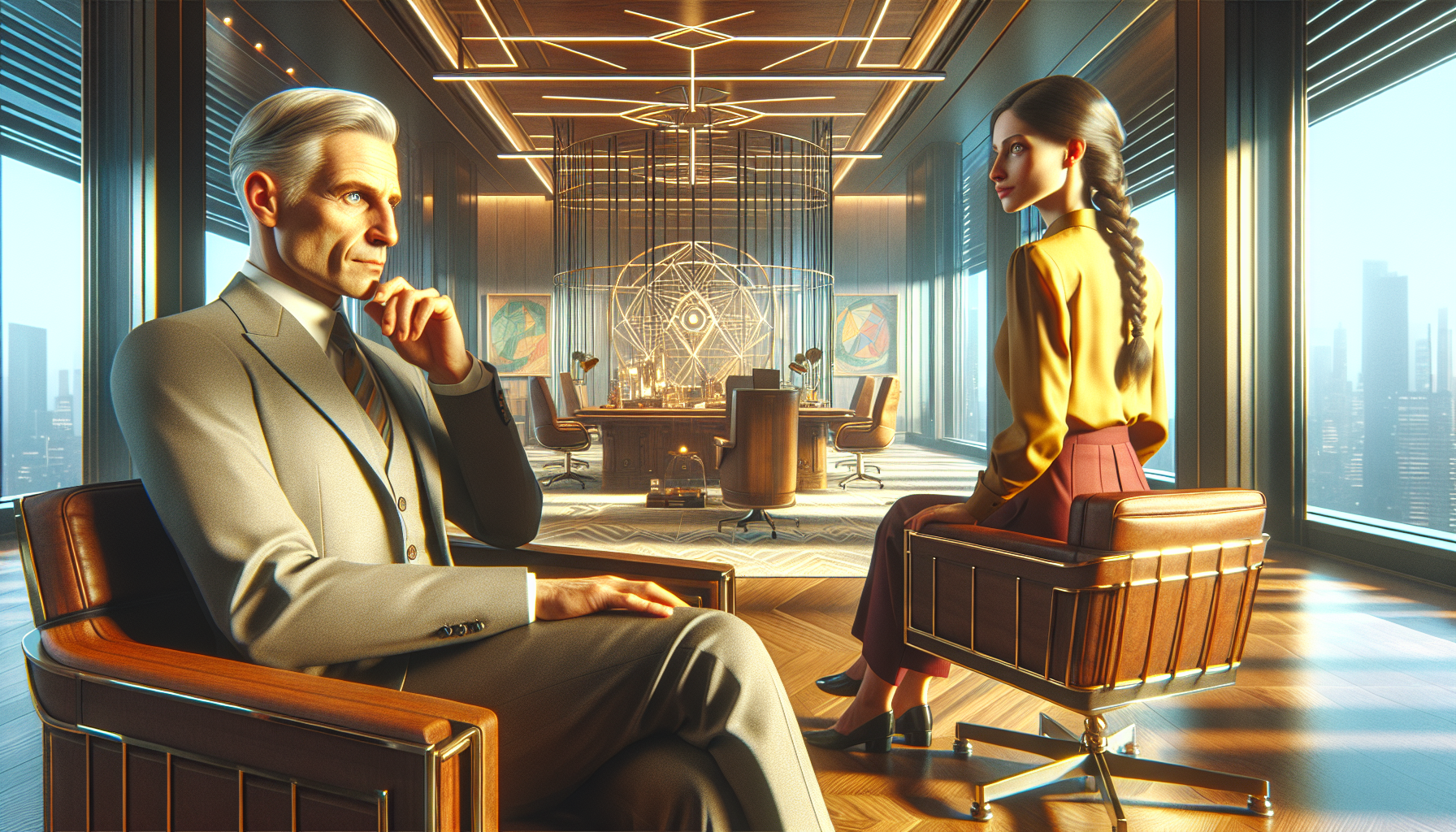 Post-board meeting, Marcus and Maya reflect on their success in Marcus's calming office.