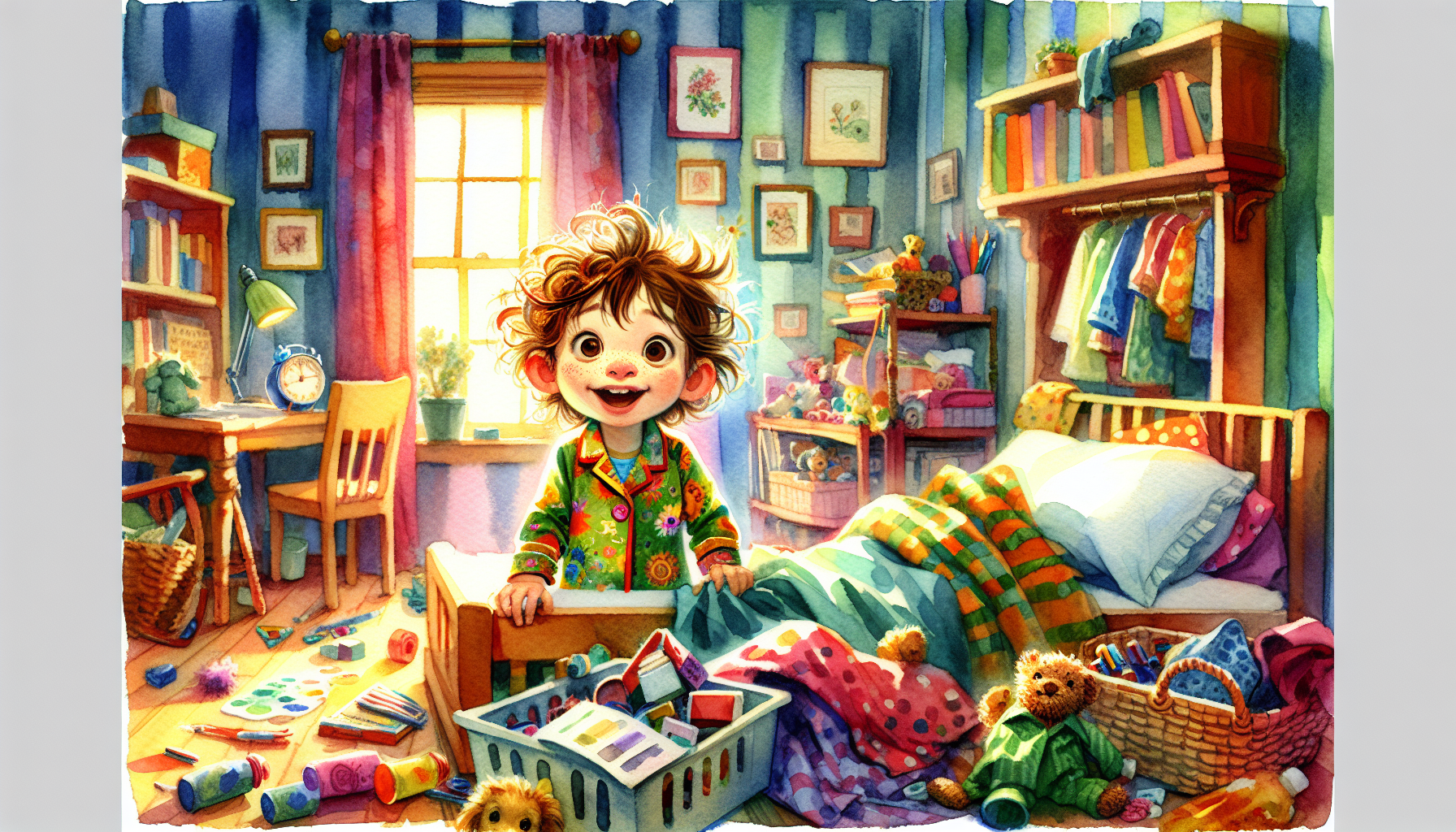 Betsy sitting up in a messy bedroom, sunlight streaming through the window.