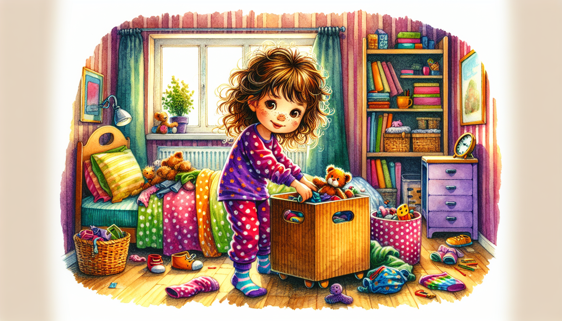 Betsy sings and organizes her toy box, tidying up her room.