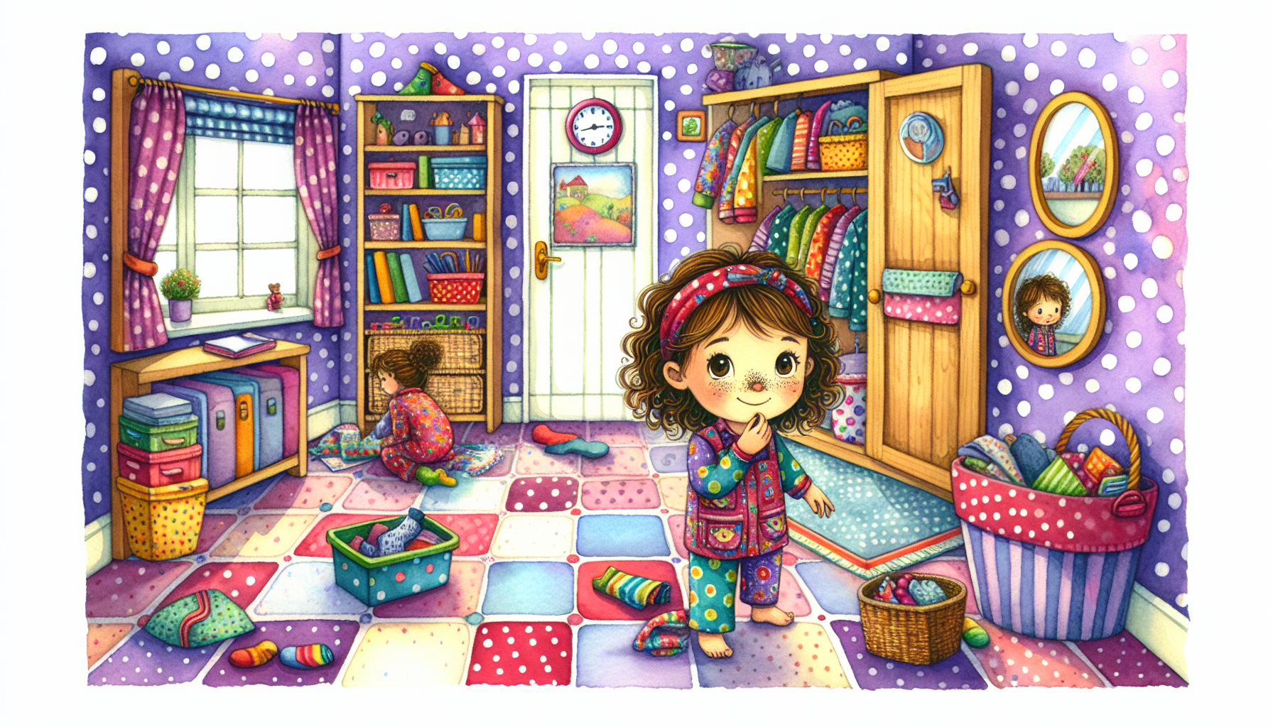 Mom smiles as Betsy continues her imaginative cleaning mission.