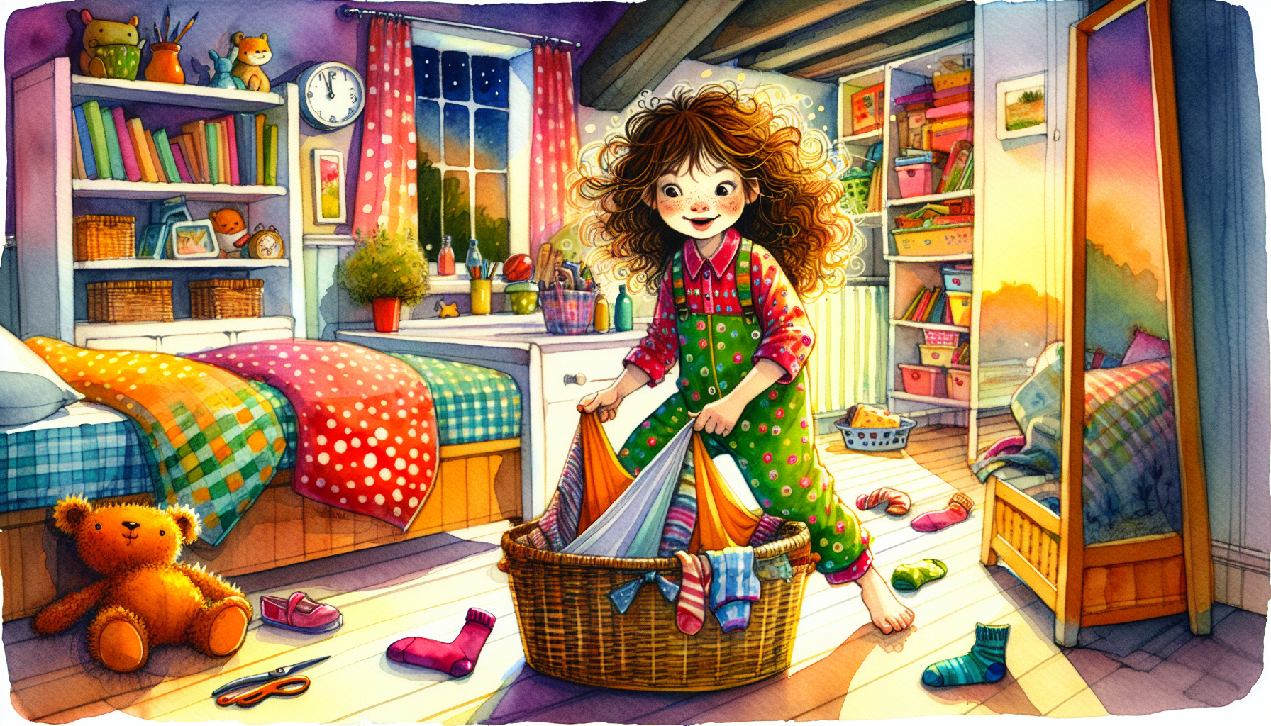 Betsy tiptoes towards the laundry basket, ready to confront the imagined Sock Monster.