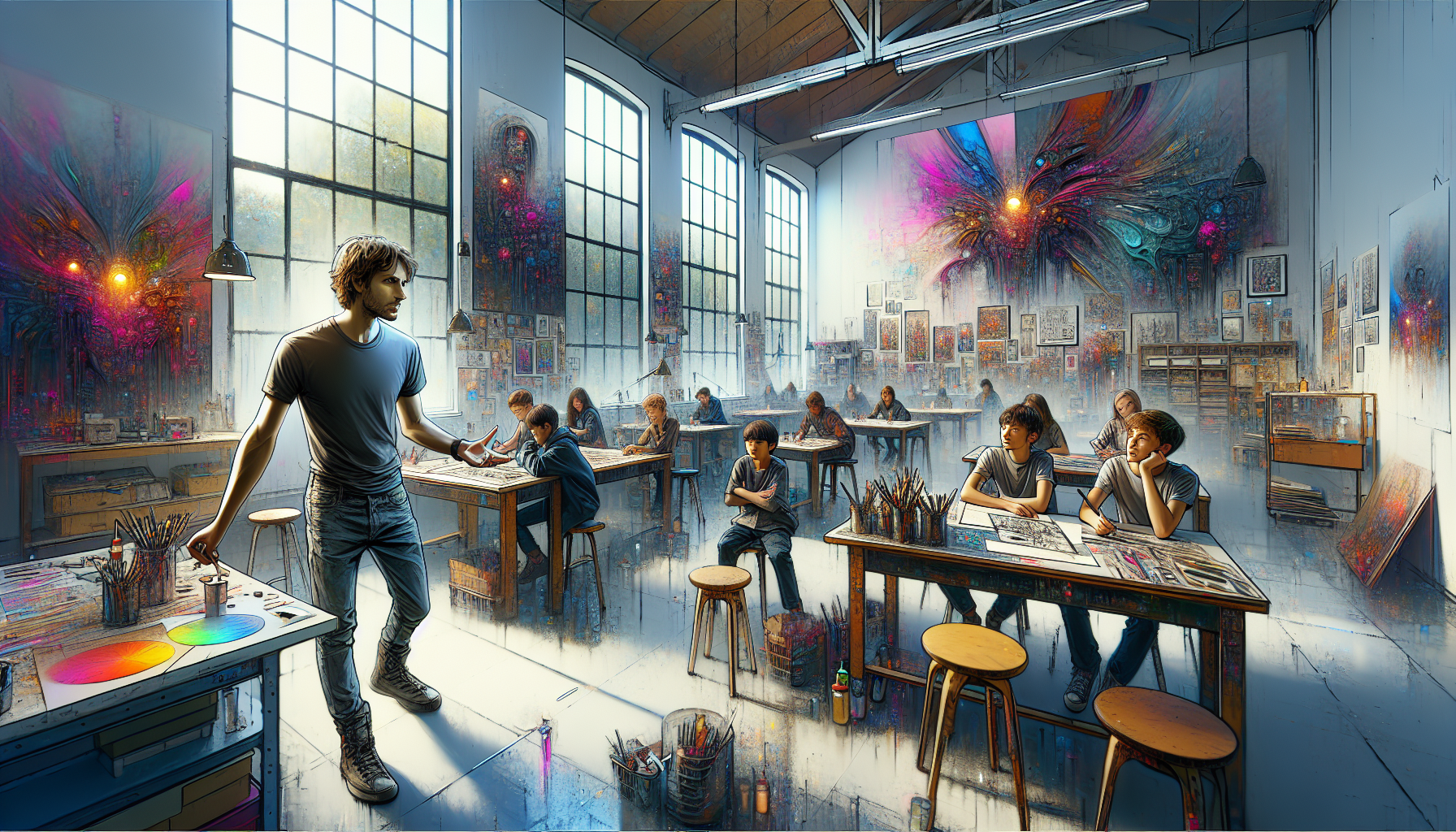 Daniel shares his passion for creation with eager students in the art room, their eyes alight with curiosity.