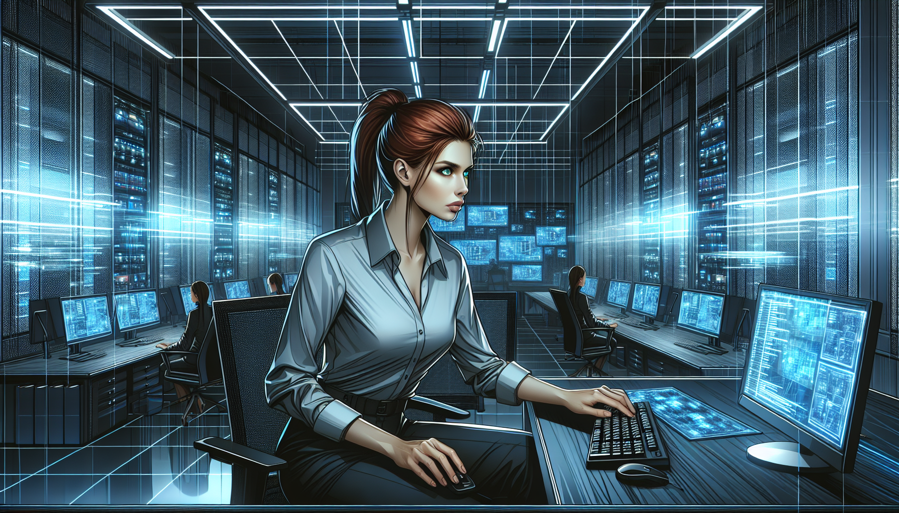 Dr. Siobhan O'Brien in a dim office, focused on her computer screen showing a strange meme.