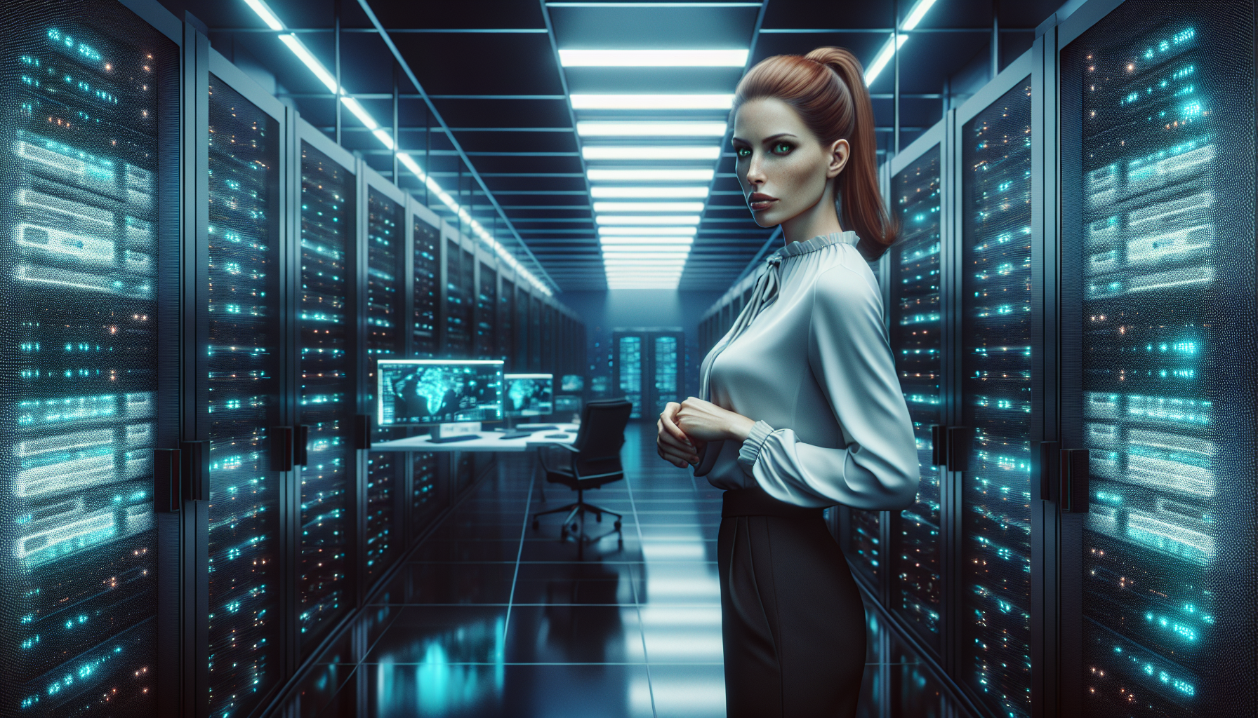 Siobhan stands in a server room, machines looming around her with an eerie hum.