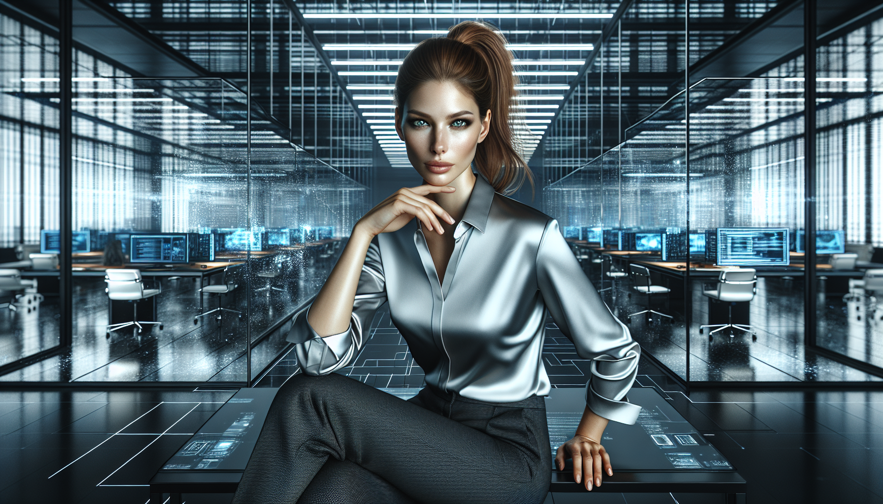 Siobhan surrounded by screens, reading unsettling reports of meme effects.