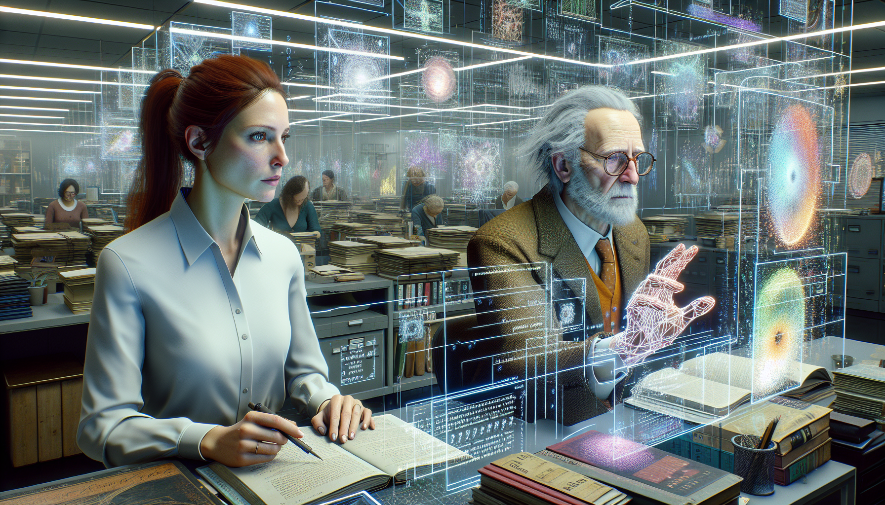 Siobhan and Marsh examine a hologram in a cluttered office.