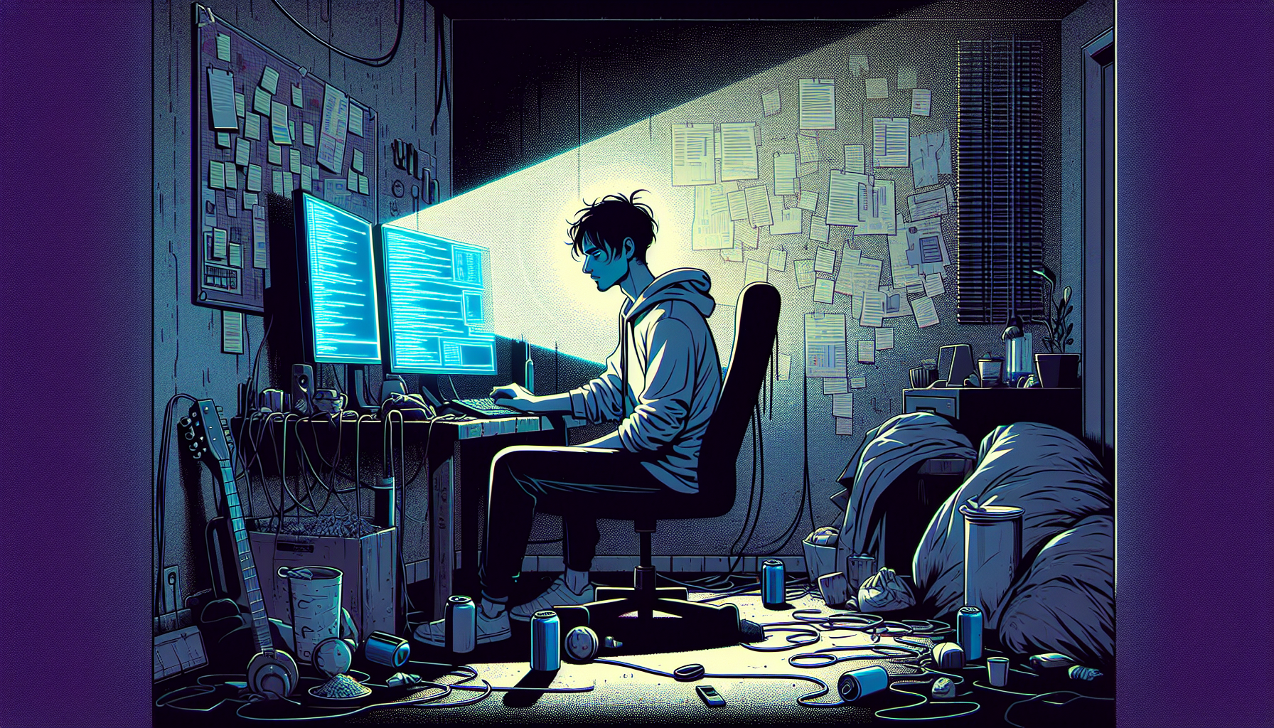 Marcus in his cluttered apartment, entranced by the meme on his screen.