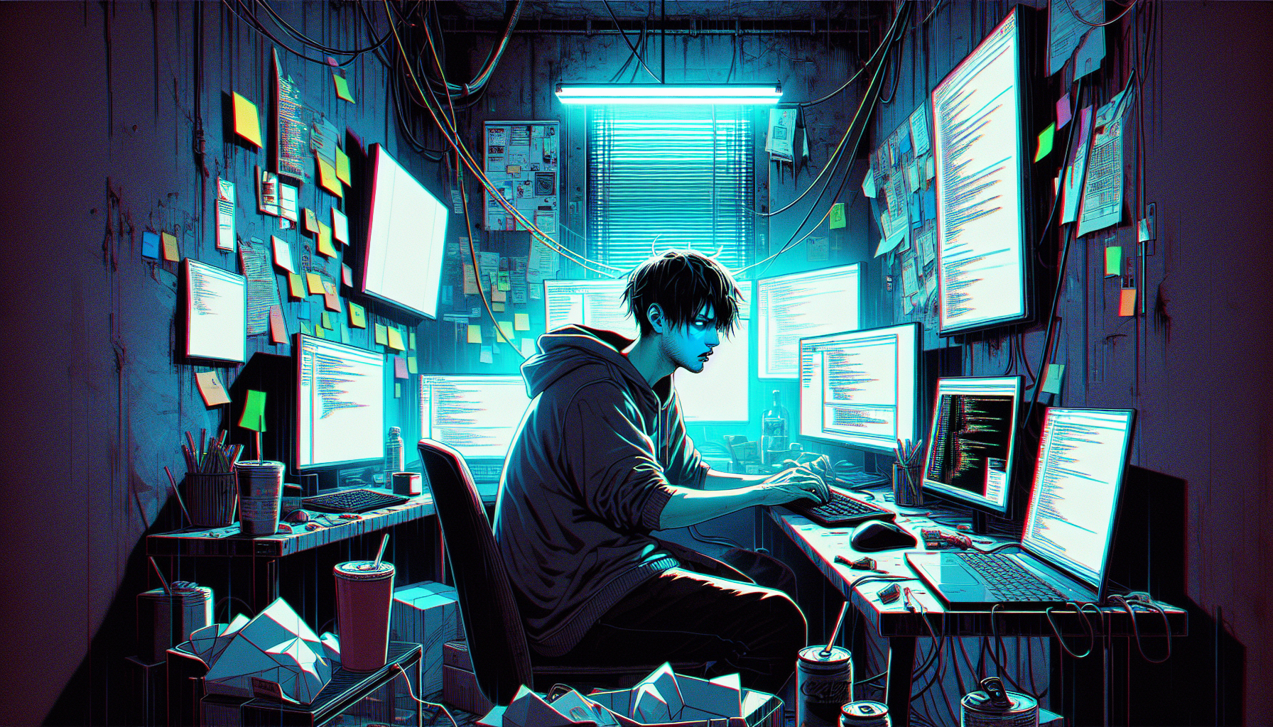 Marcus obsessively typing, surrounded by flickering shadows.