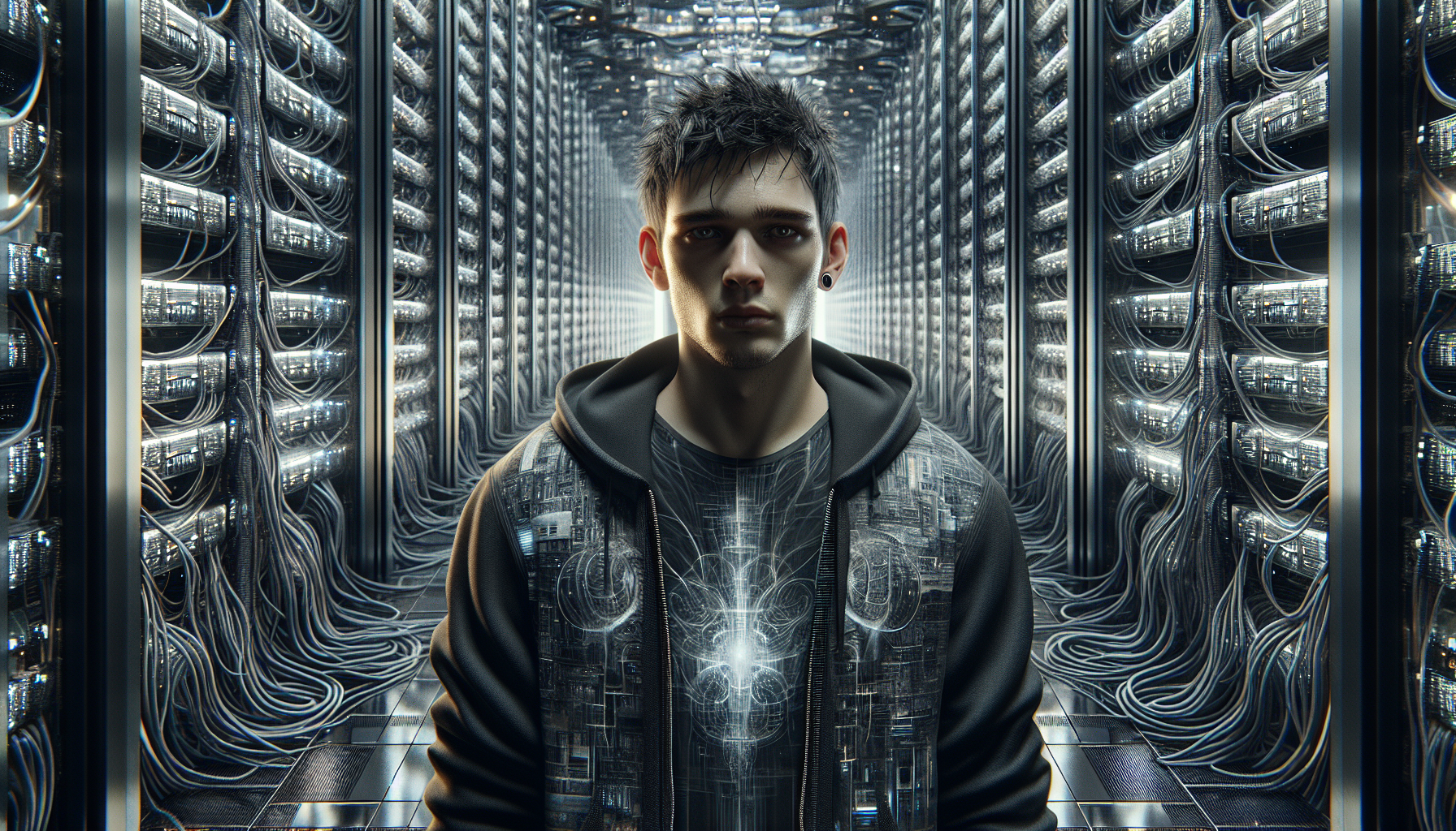 Marcus, enveloped in code, seeks to convince Siobhan in a chaotic server room.