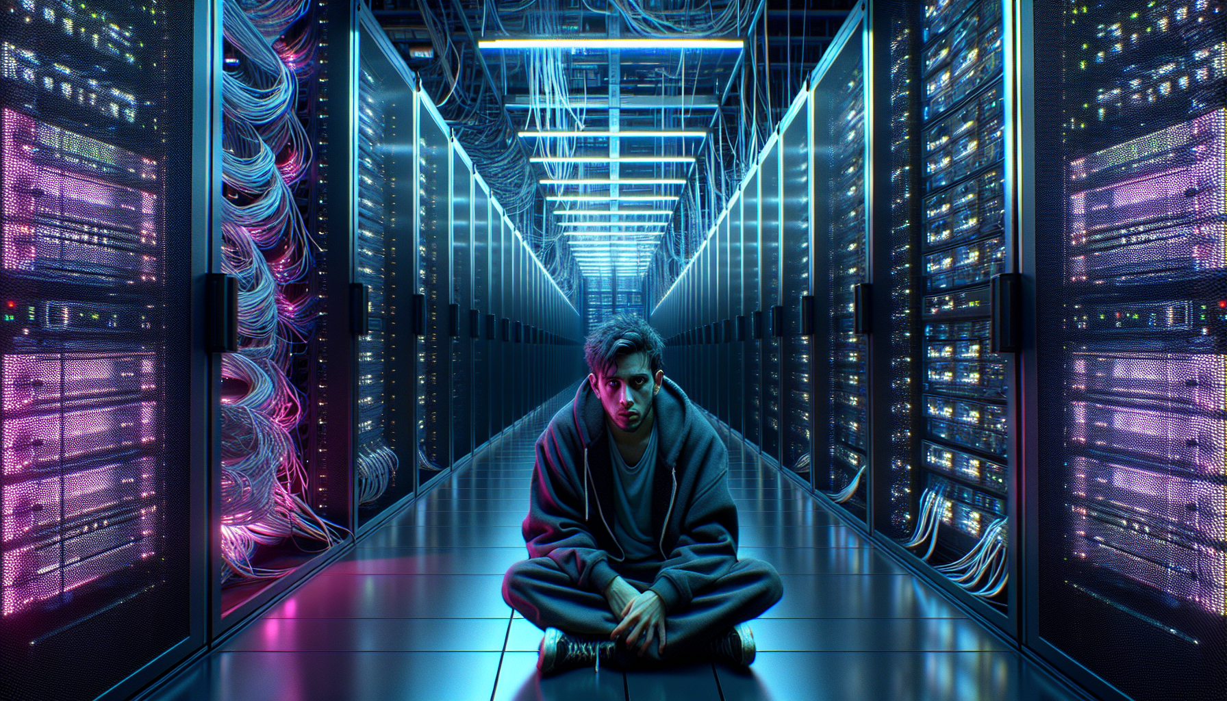 Marcus kneeling in The Hive, restored to a normal server room.