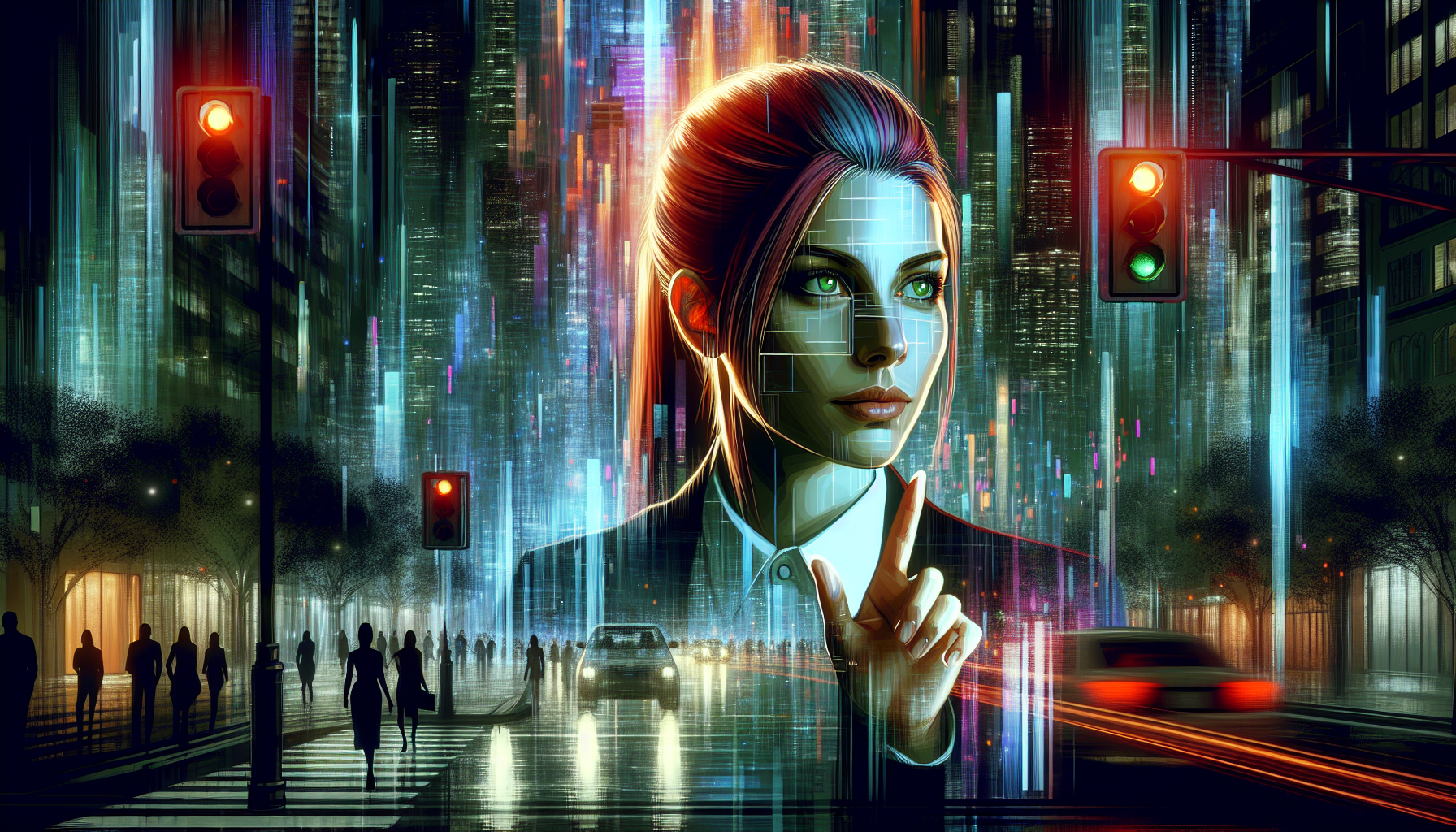 Siobhan's face on a flickering London traffic light, part of the city's data network.