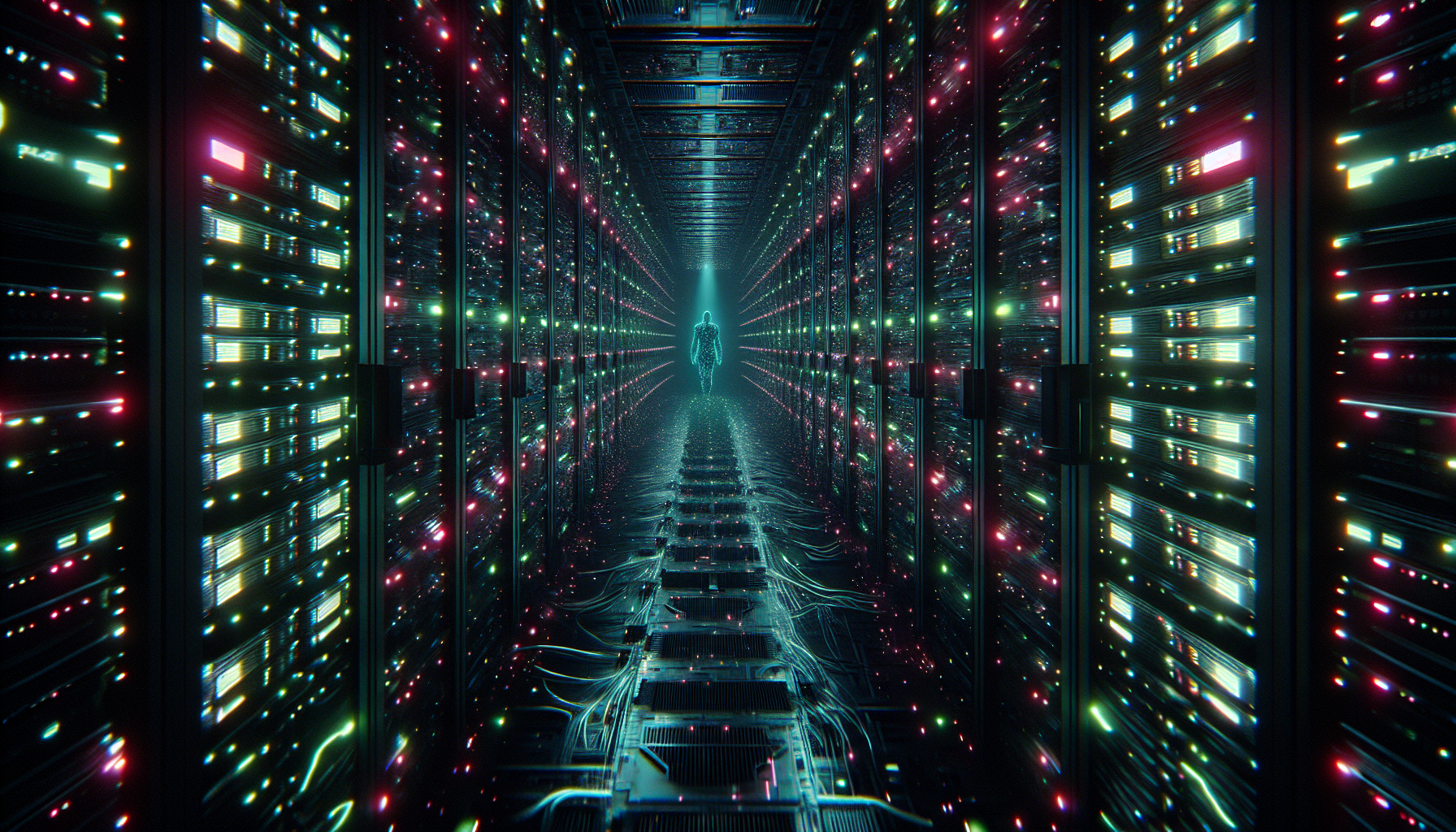 A single LED in a dark server farm hints at a now-integrated, slumbering digital entity.