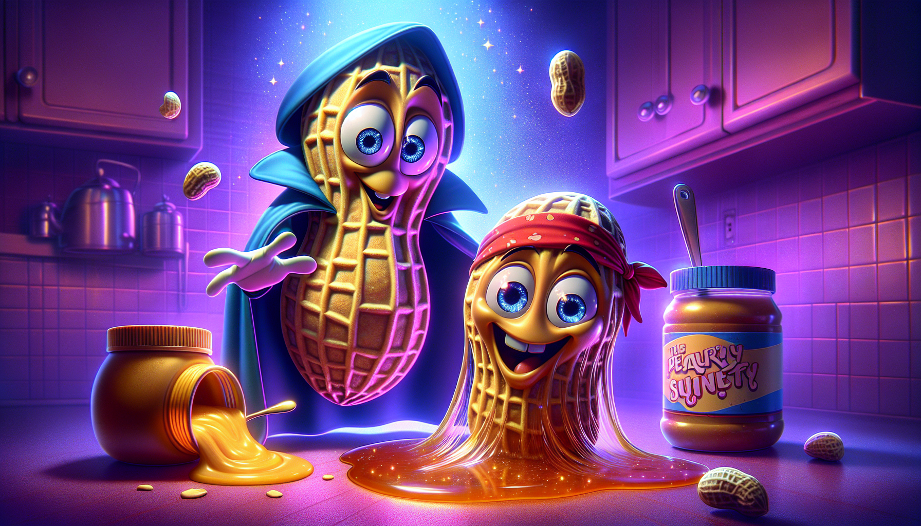 Pete and Hank fall into a glowing PB&J jar, Pete sneezes, creating a bubble.