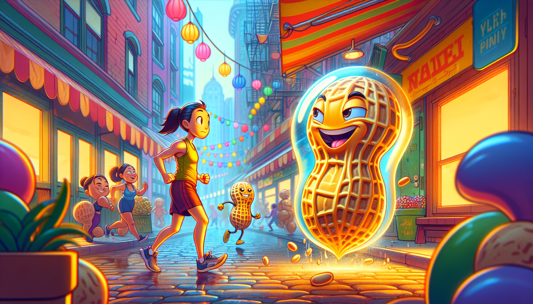 Pete trapped in bubble, bouncing through Peanut Plaza, Hank stuck to objects.