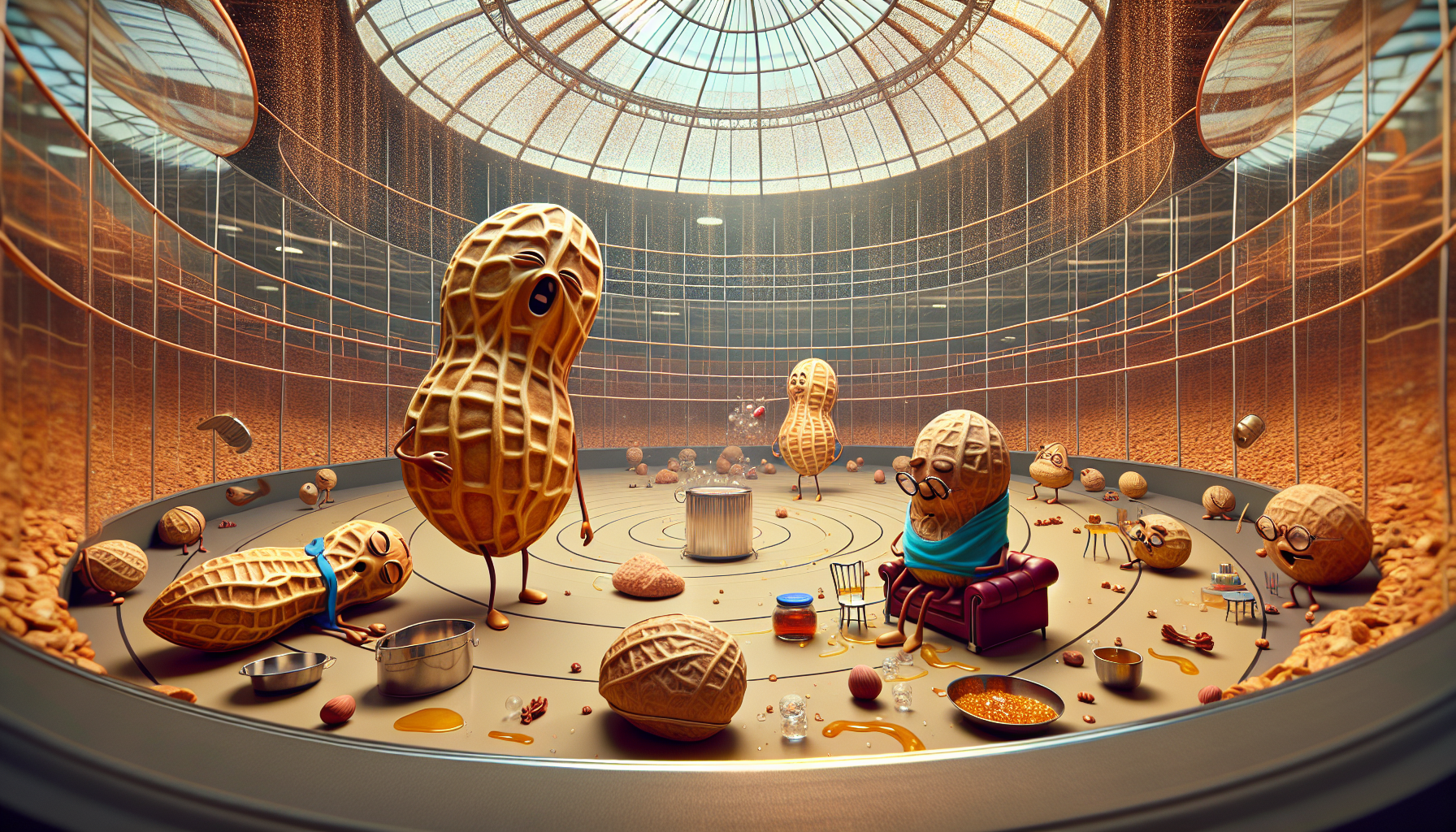 Pete trapped in sneeze bubble, pinballing around honey-stranded arena.