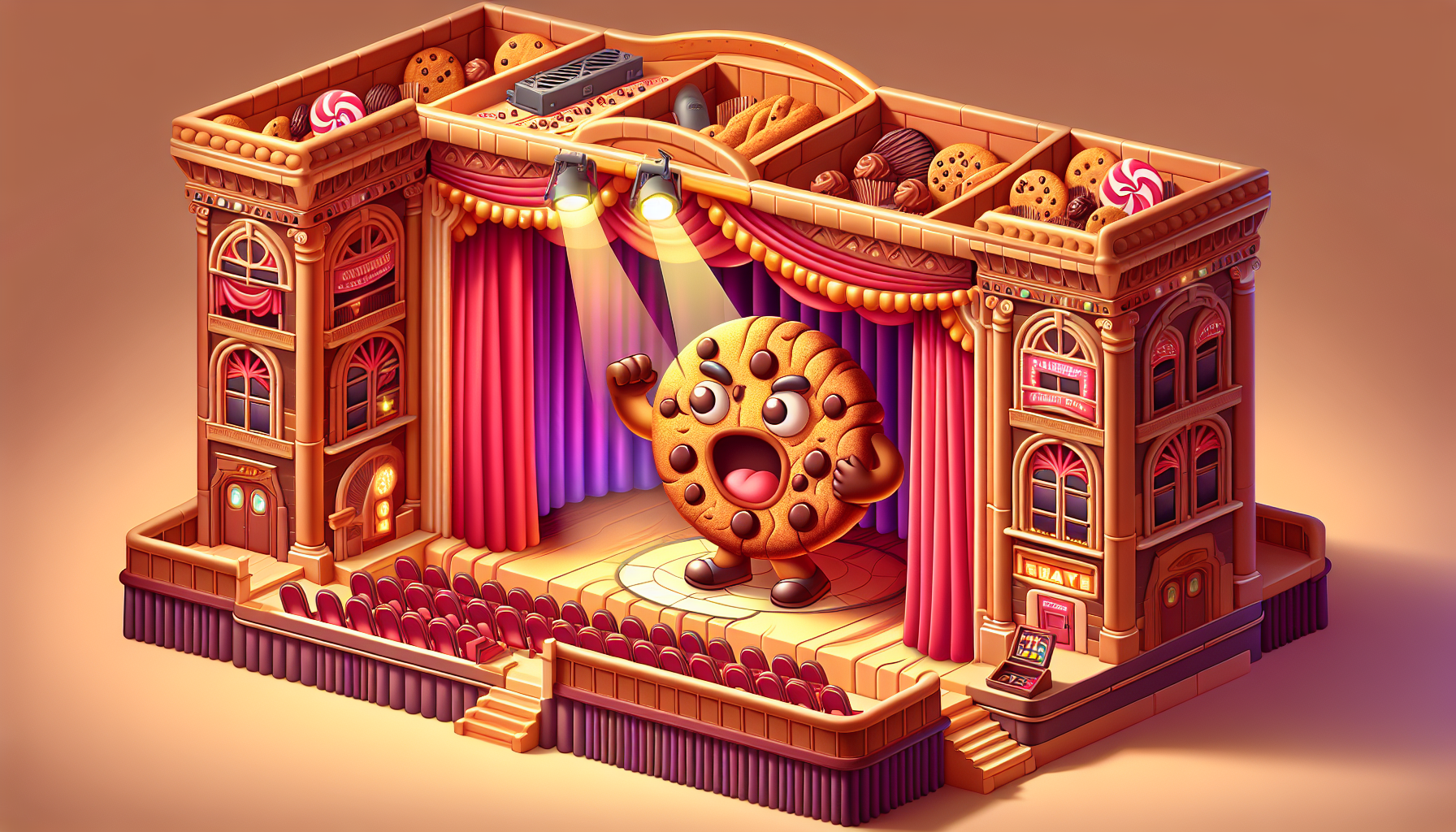 Chocolate chips faint dramatically under spotlights in community center.