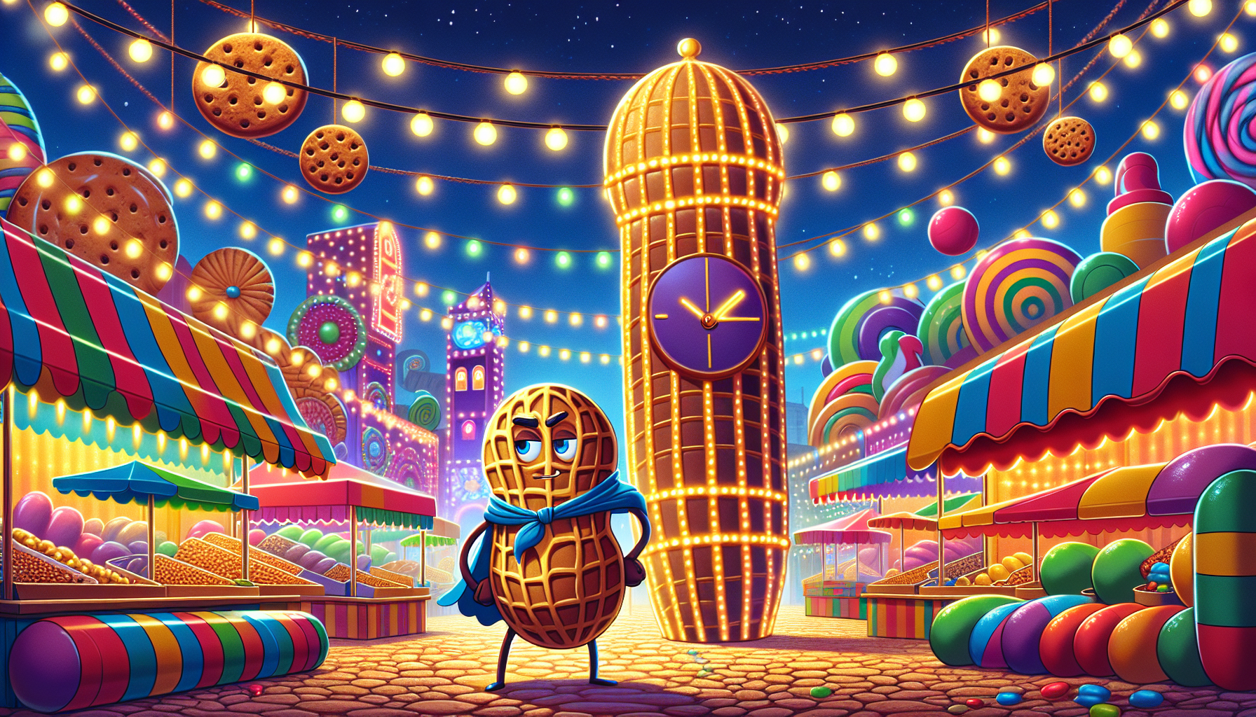 Snack festival bustling, Pete and Hank ready for action behind booths.