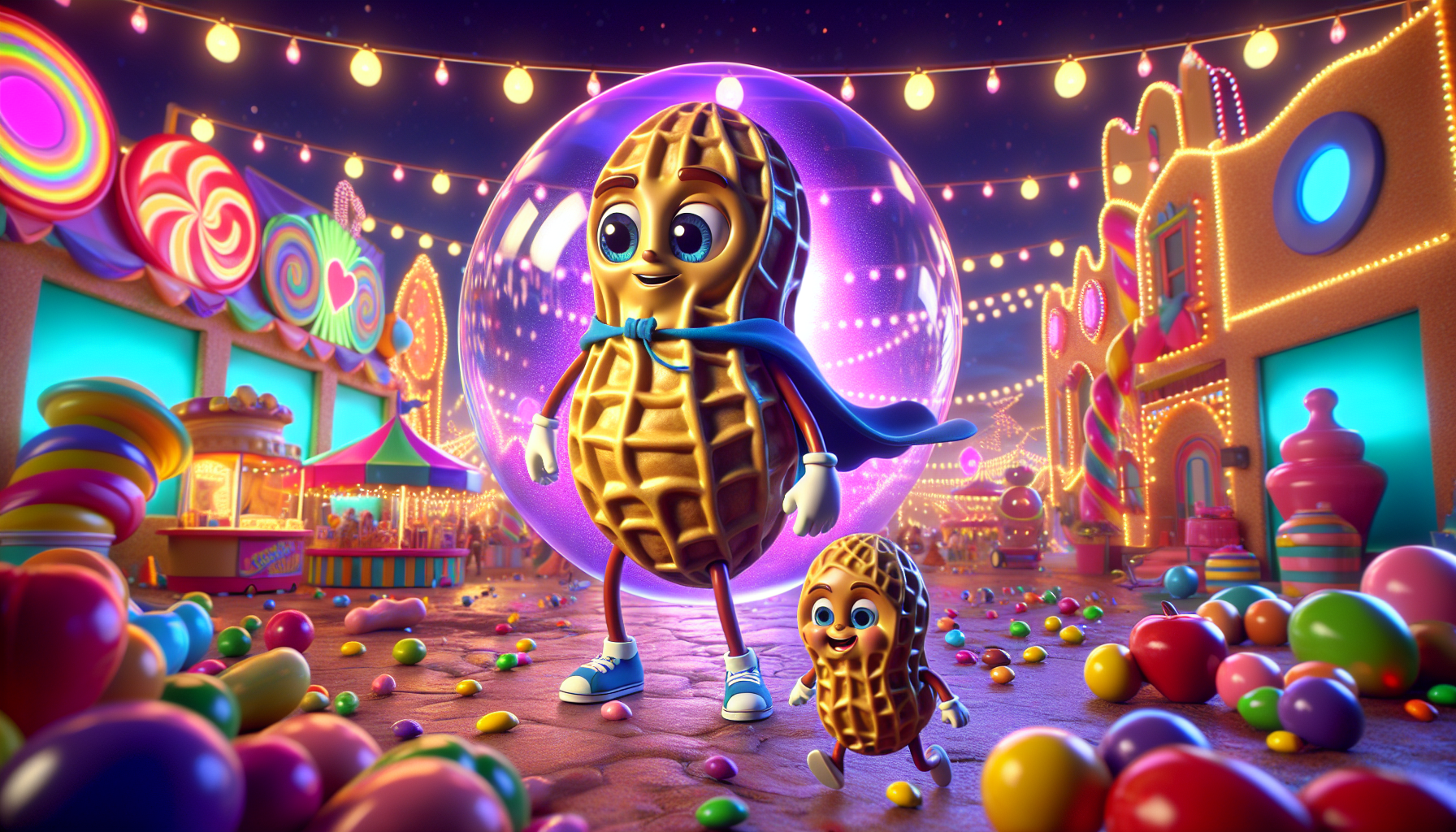 Pete in a bubble flies across festival via Hank's honey slingshot.