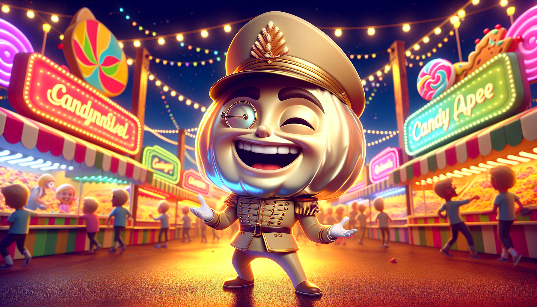 Admiral Almond laughs with marshmallow crown, surrounded by chaos.