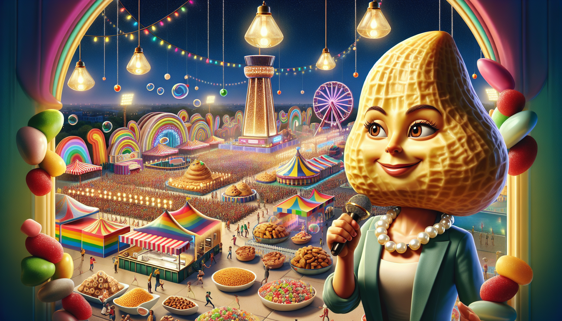 Cashew Carol laughs amidst festive chaos, sticking to a bubble.