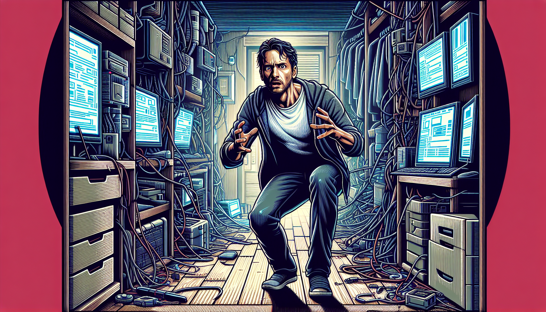 Jake paces in his apartment, muttering code.